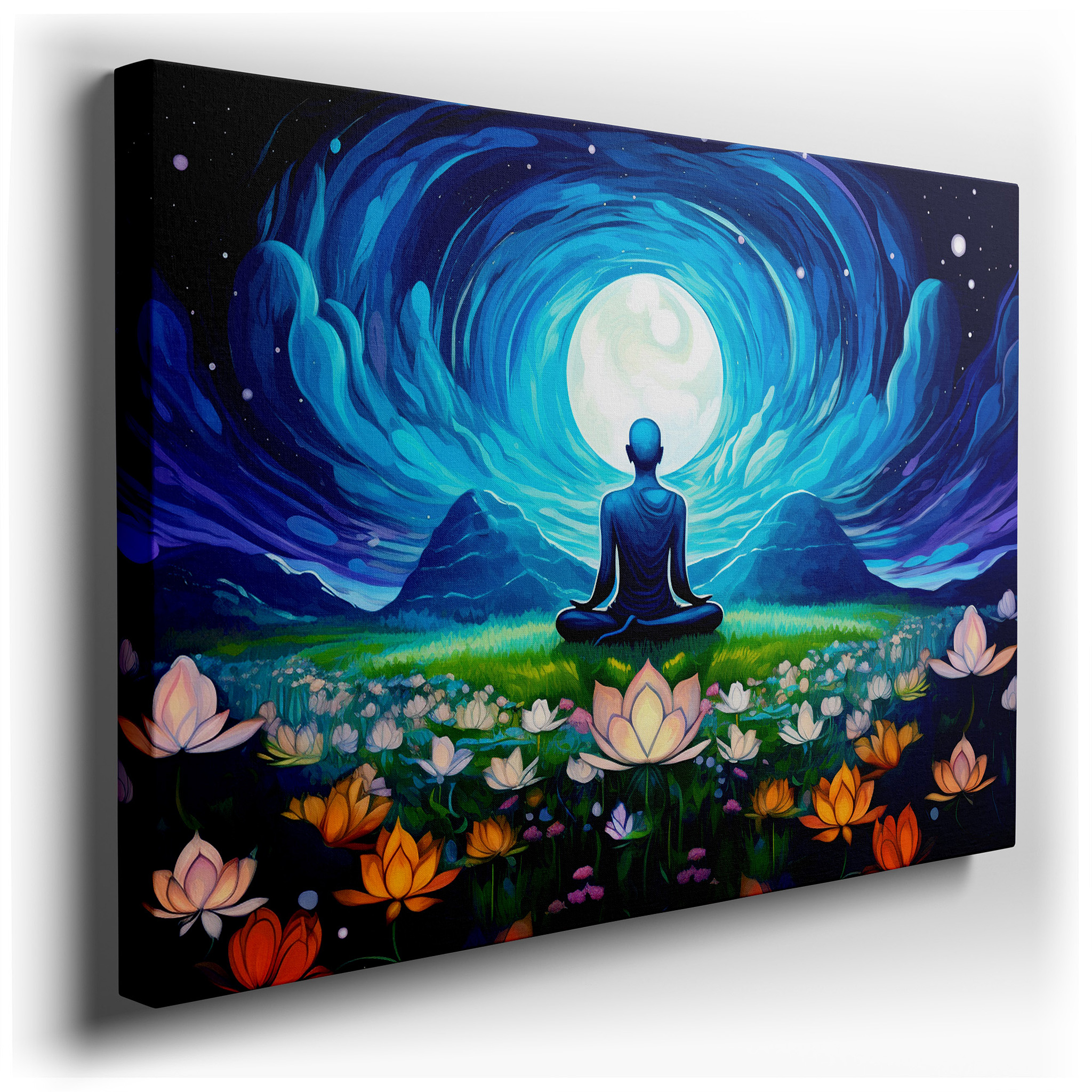 Moonlit Meditation - Serene Ethereal Glow with Vibrant Florals Large Wall Art, Canvas Wall Art, Wall Decor for Office