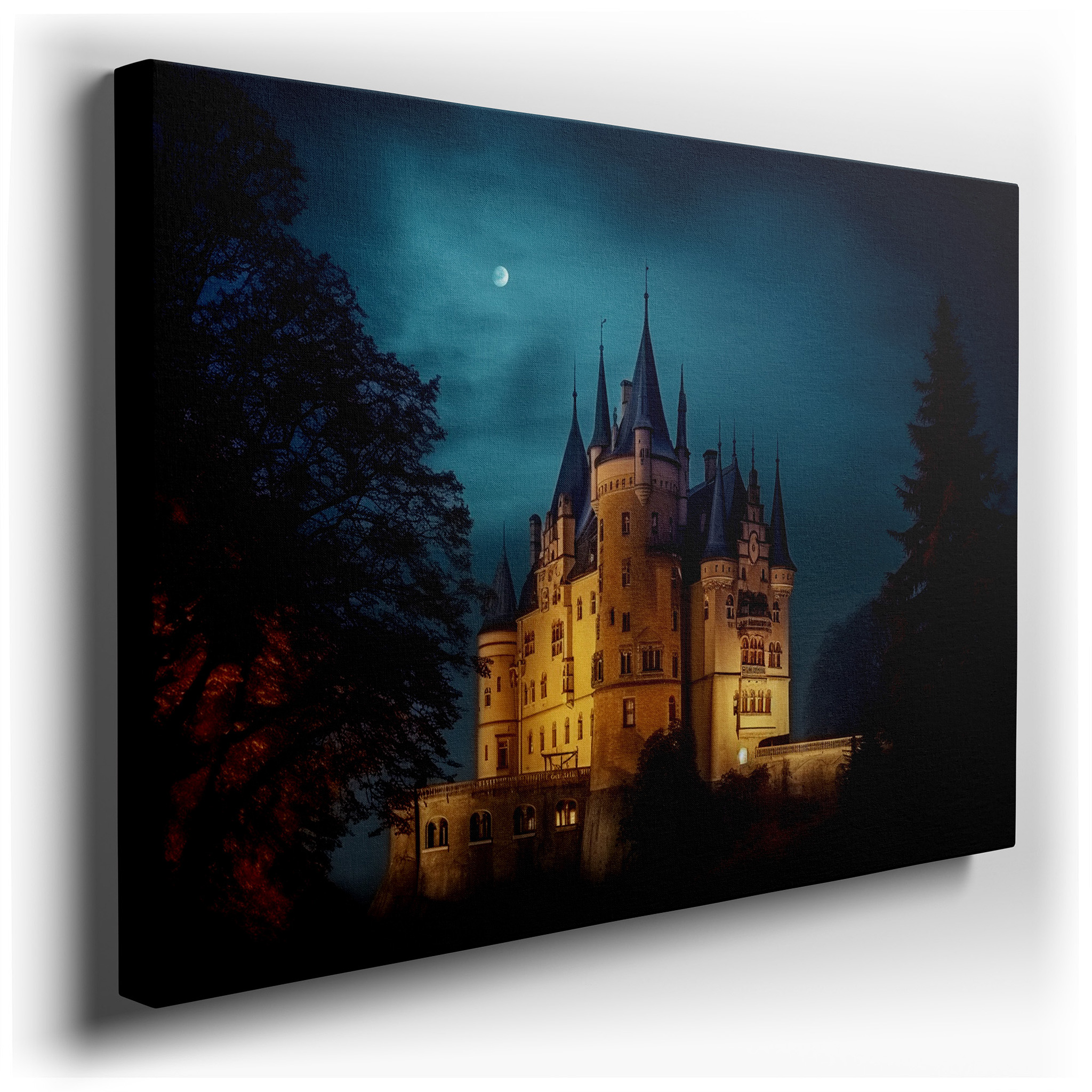 Moonlit Mystical Gothic Castle, Enchanting Glow with Intricate Stonework, Large Canvas Wall Art for Office Decor