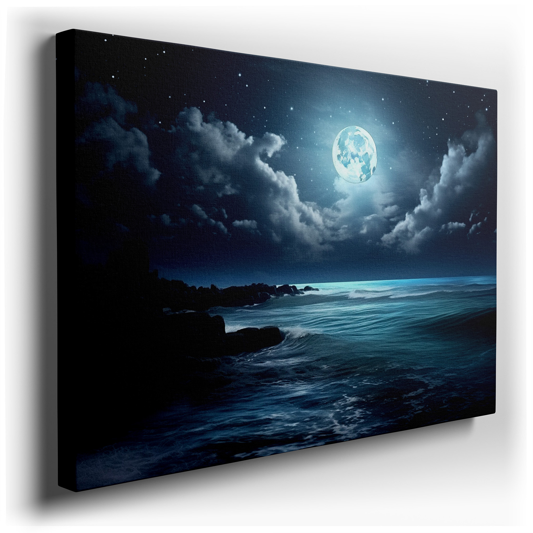 Moonlit Ocean Majesty: Tranquil Waves and Rocky Shores Beneath a Starry Sky - Large Wall Art, Canvas Wall Art, Wall