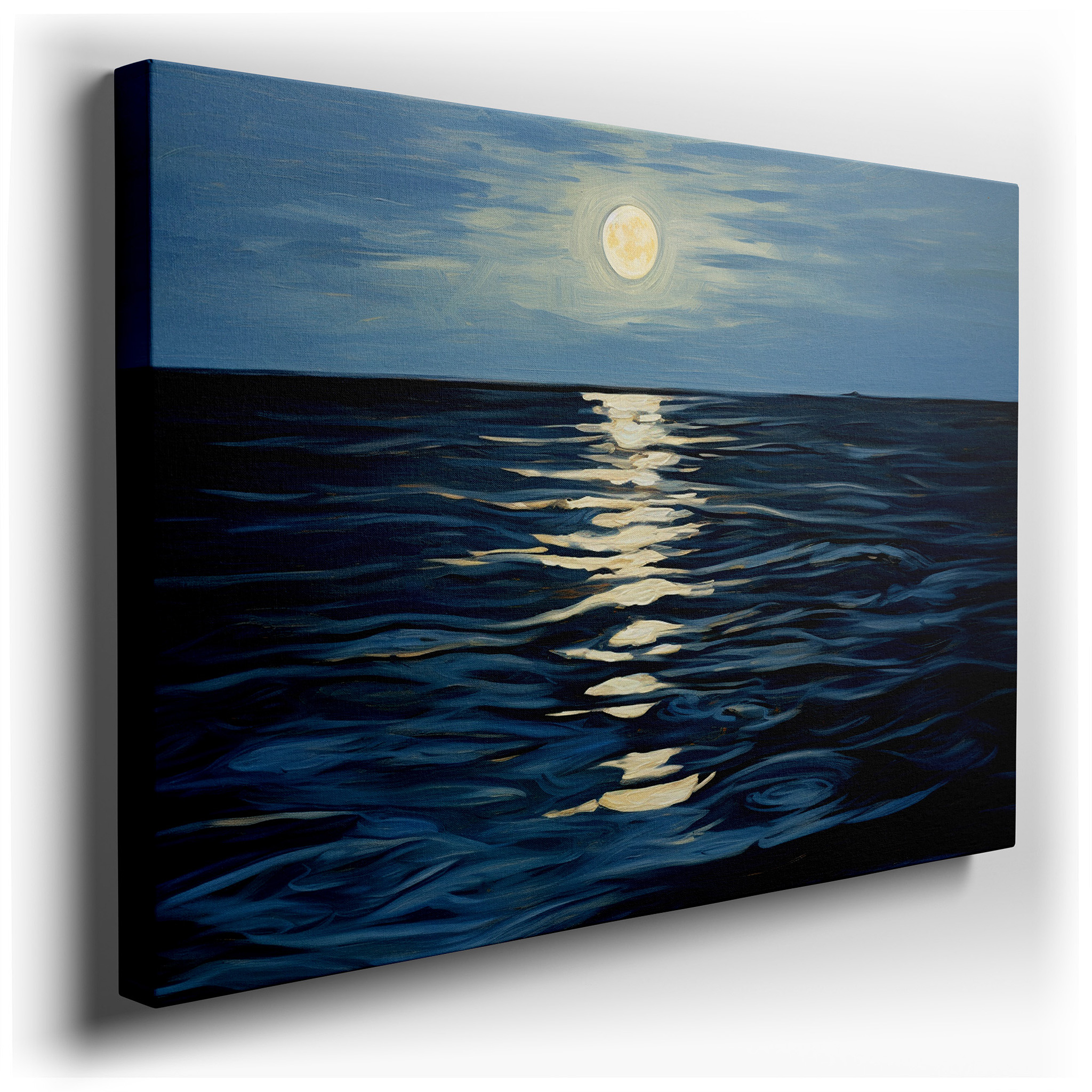 Moonlit Ocean Tranquility: Serene Silvery Waves and Gentle Light - Large Canvas Wall Art for Home and Office Decor
