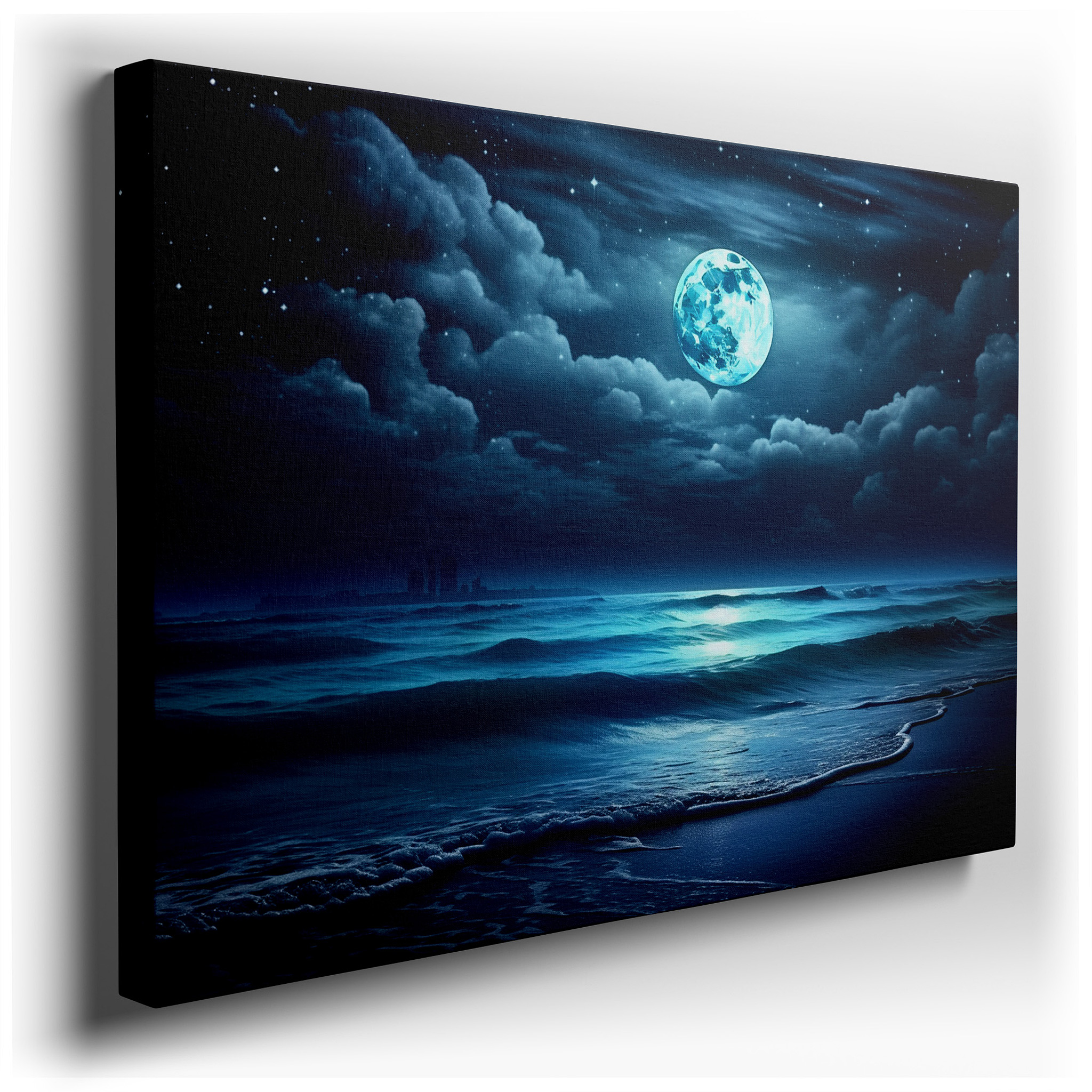 Moonlit Seascape: Serene Glow of a Tranquil Ocean Under Starry Skies - Large Canvas Wall Art for Office and Bedroom