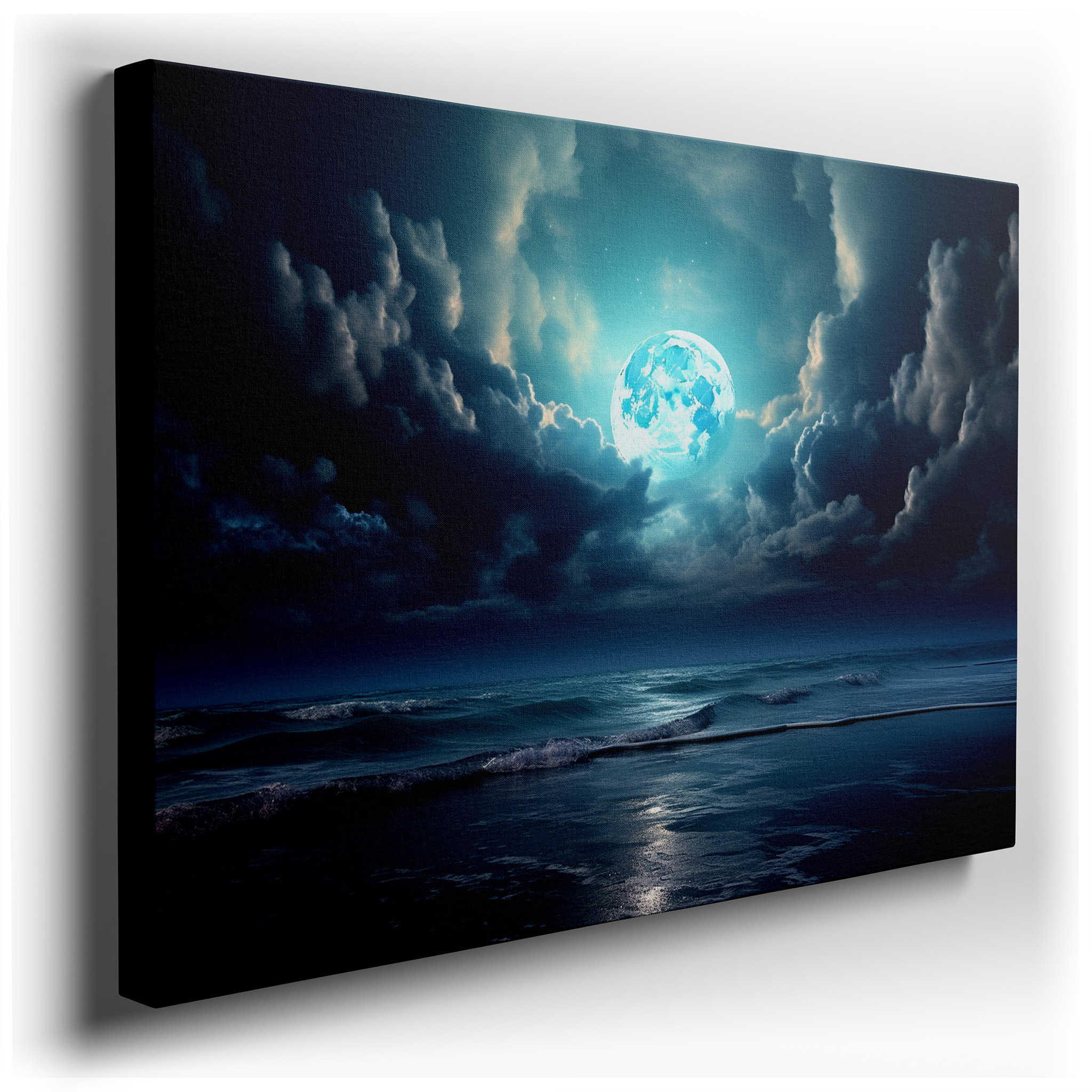 Moonlit Serenity Above Tranquil Seas - Celestial Reflections Amidst Swirling Clouds, Large Canvas Wall Art for Home and