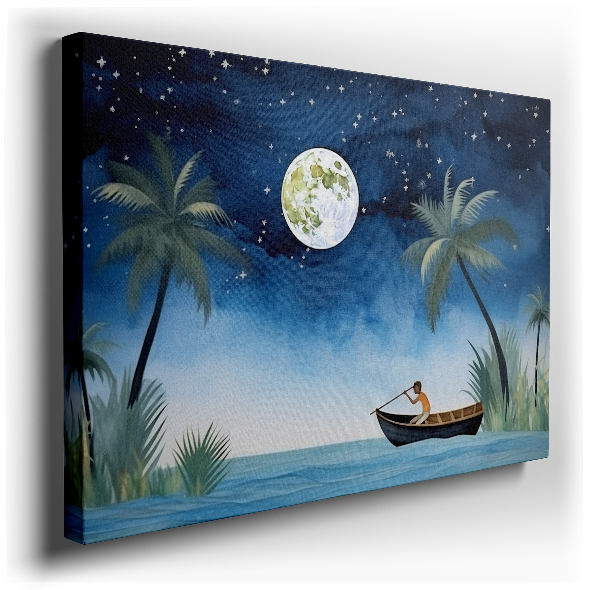 Moonlit Serenity: Solitary Rower and Silhouetted Palms Wall Art - Large Canvas for Office, Bedroom, and Living Room
