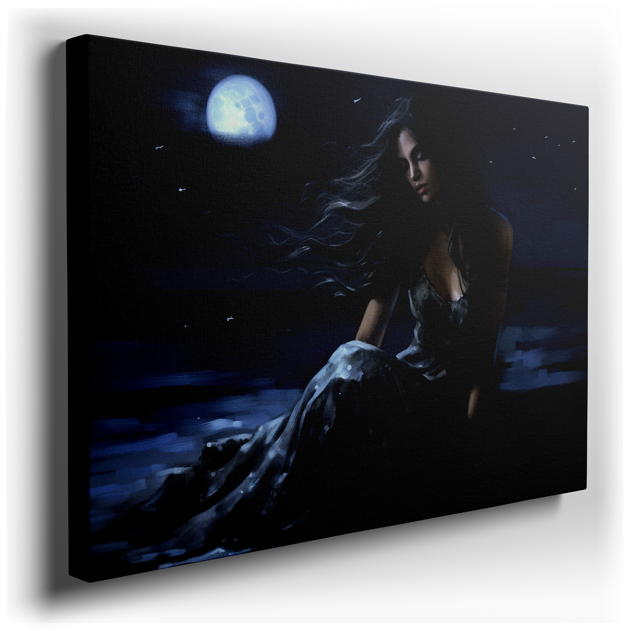 Moonlit Solitude by the Ocean: Reflecting on Tranquil Night Waters - Large Canvas Wall Art for Home and Office Decor