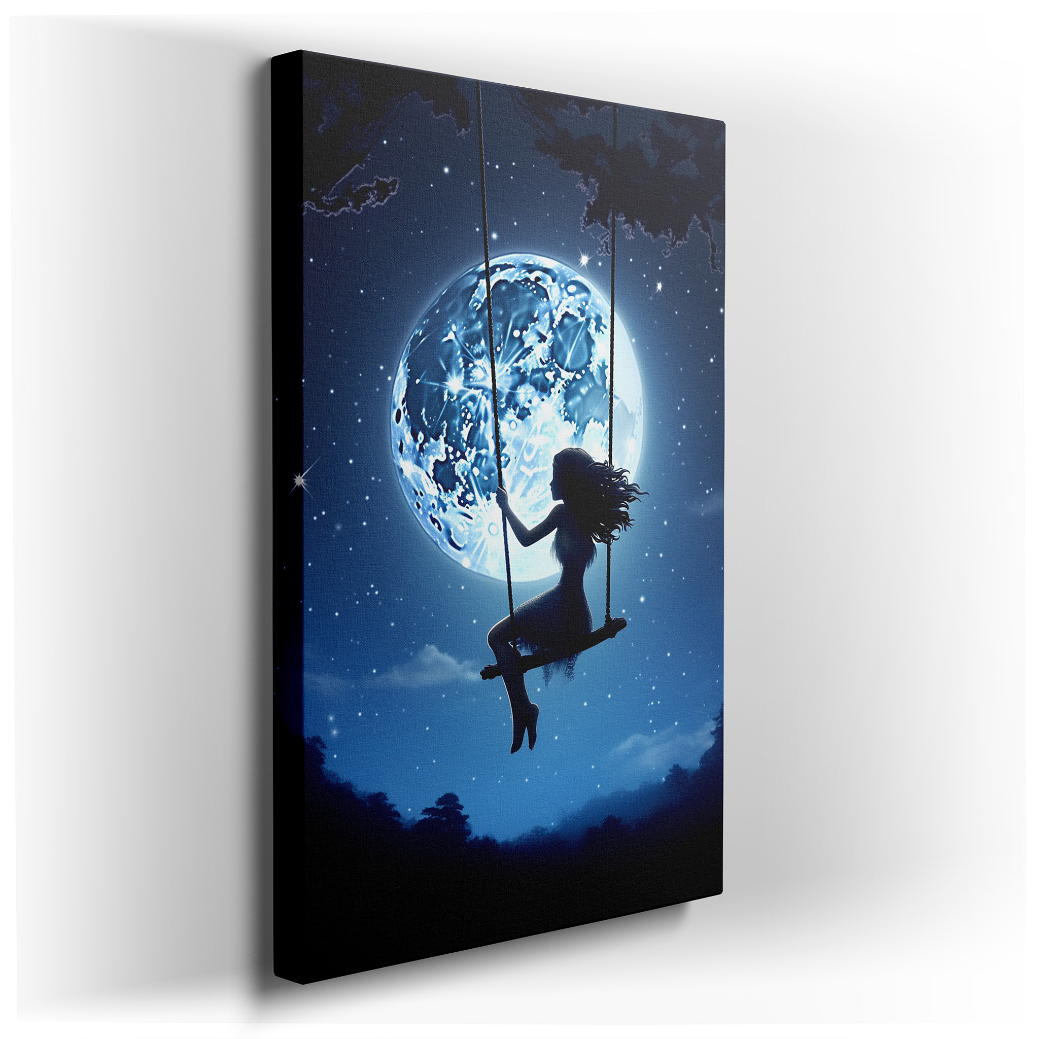 Moonlit Swing Wall Art: A Celestial Dance of Childhood Joy and Cosmic Tranquility - Large Canvas for Home and Office