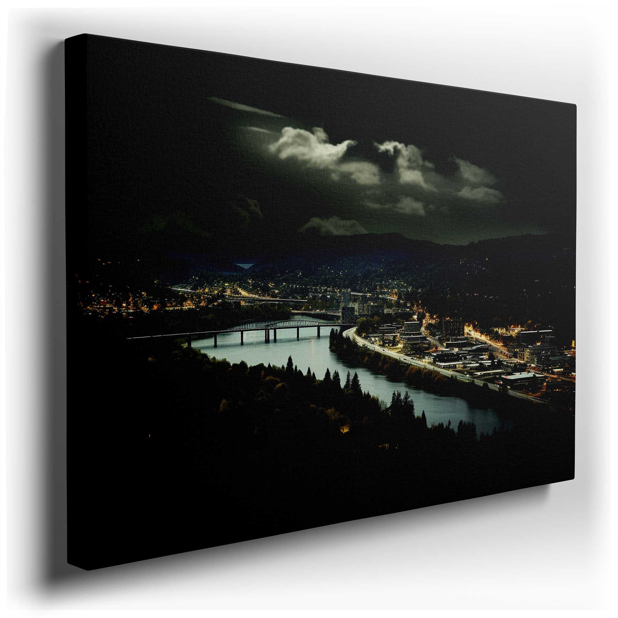 Moonlit Tranquil River Valley: A Nocturnal Blend of Nature and Urban Elegance - Large Canvas Wall Art for Home and