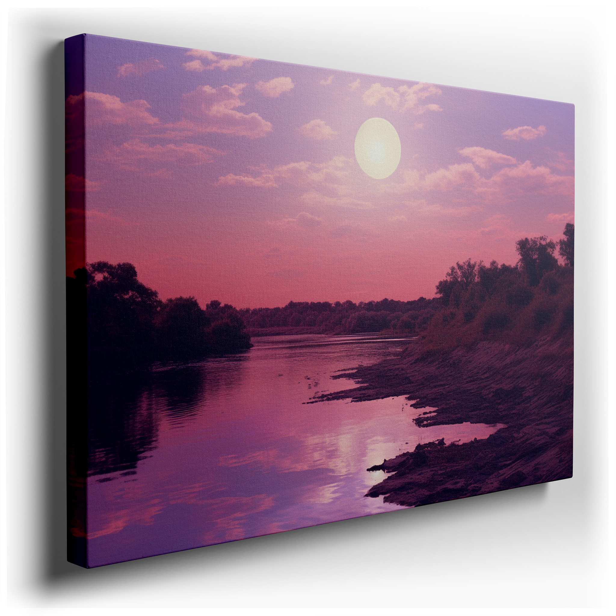 Moonlit Twilight by the River Wall Art: Large Canvas Depicting Tranquil and Mystical River Scene for Home and Office