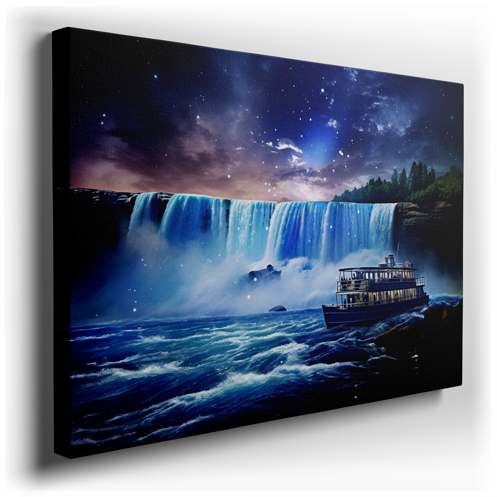 Moonlit Waterfall and Starry Sky with Solitary Boat Canvas Wall Art for Office Decor wrapped canvas - main product photo