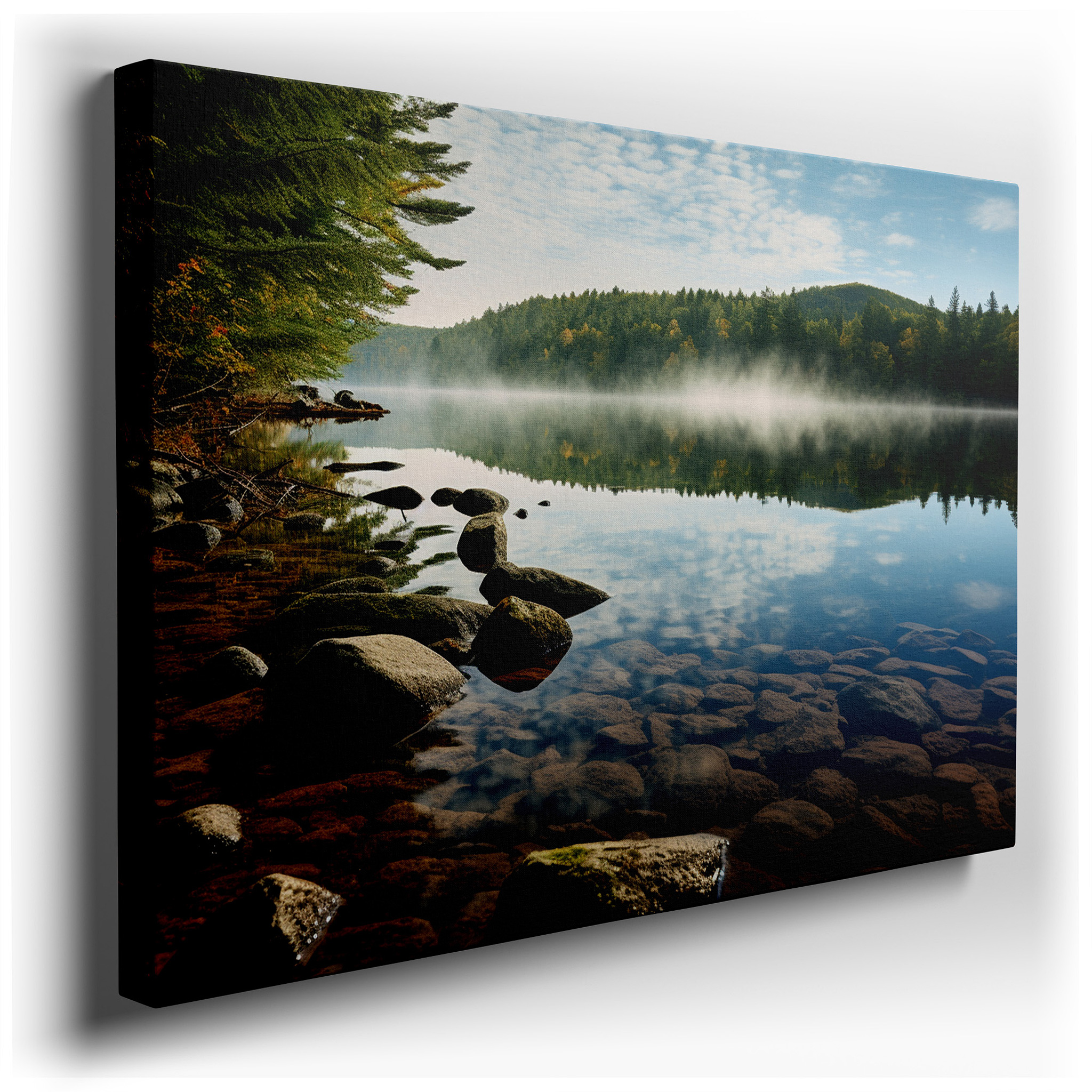 Morning's Soft Clasp: Serene Lake Surrounded by Verdant Woods in Early Light - Oversized Wall Art, Canvas Art, Home and