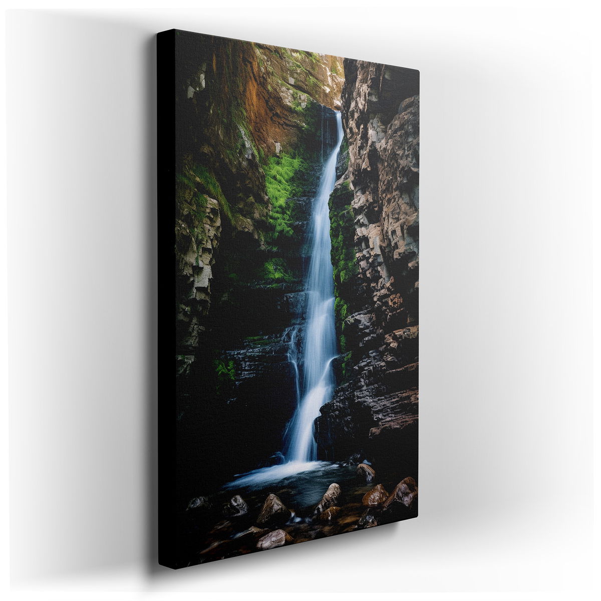 Moss-Covered Rocks and Cascading Waterfall - Nature's Calm Canvas Wall Art