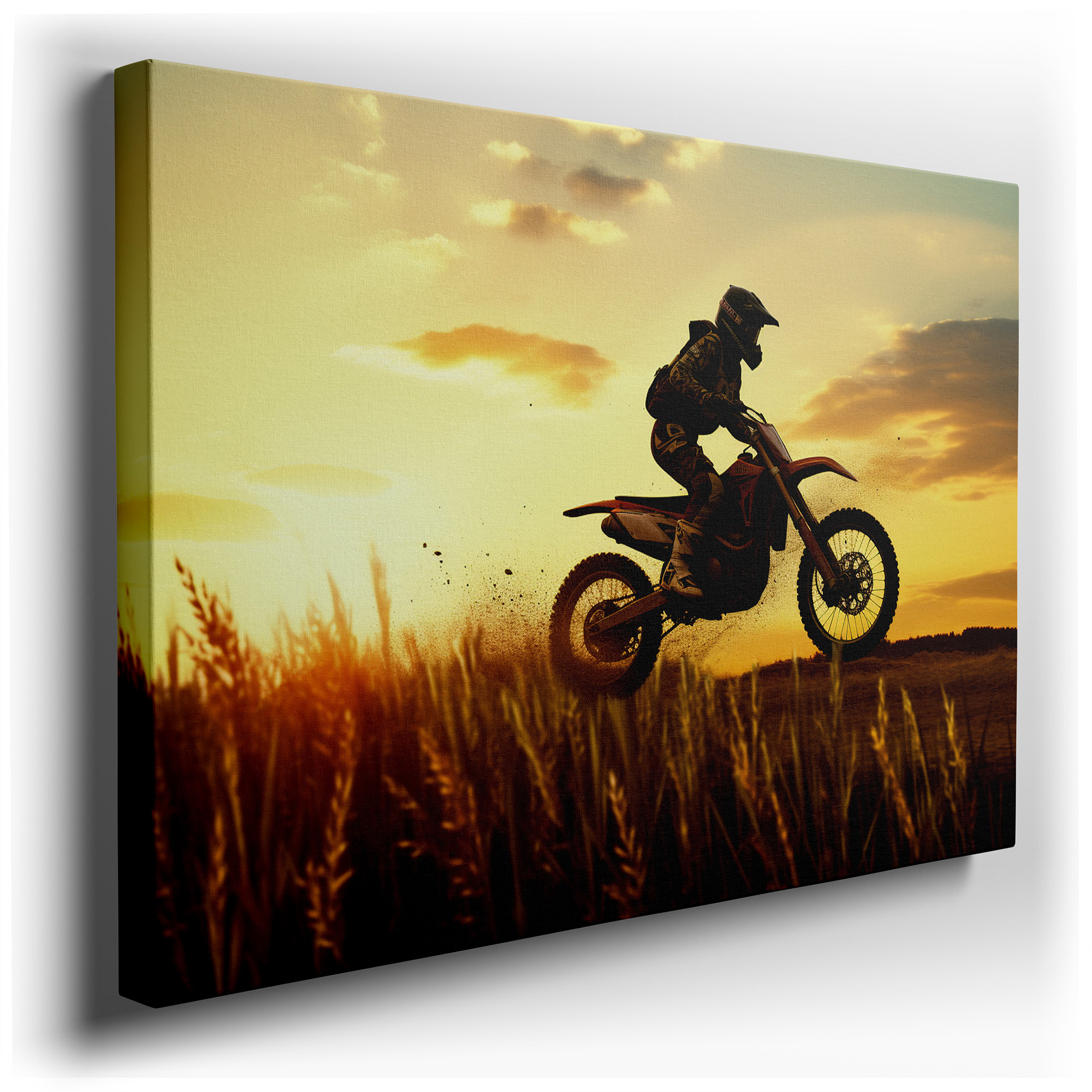 Motocross Magic at Sunset Over Golden Wheat Field: Large Canvas Wall Art for Office, Bedroom, and Living Room Decor
