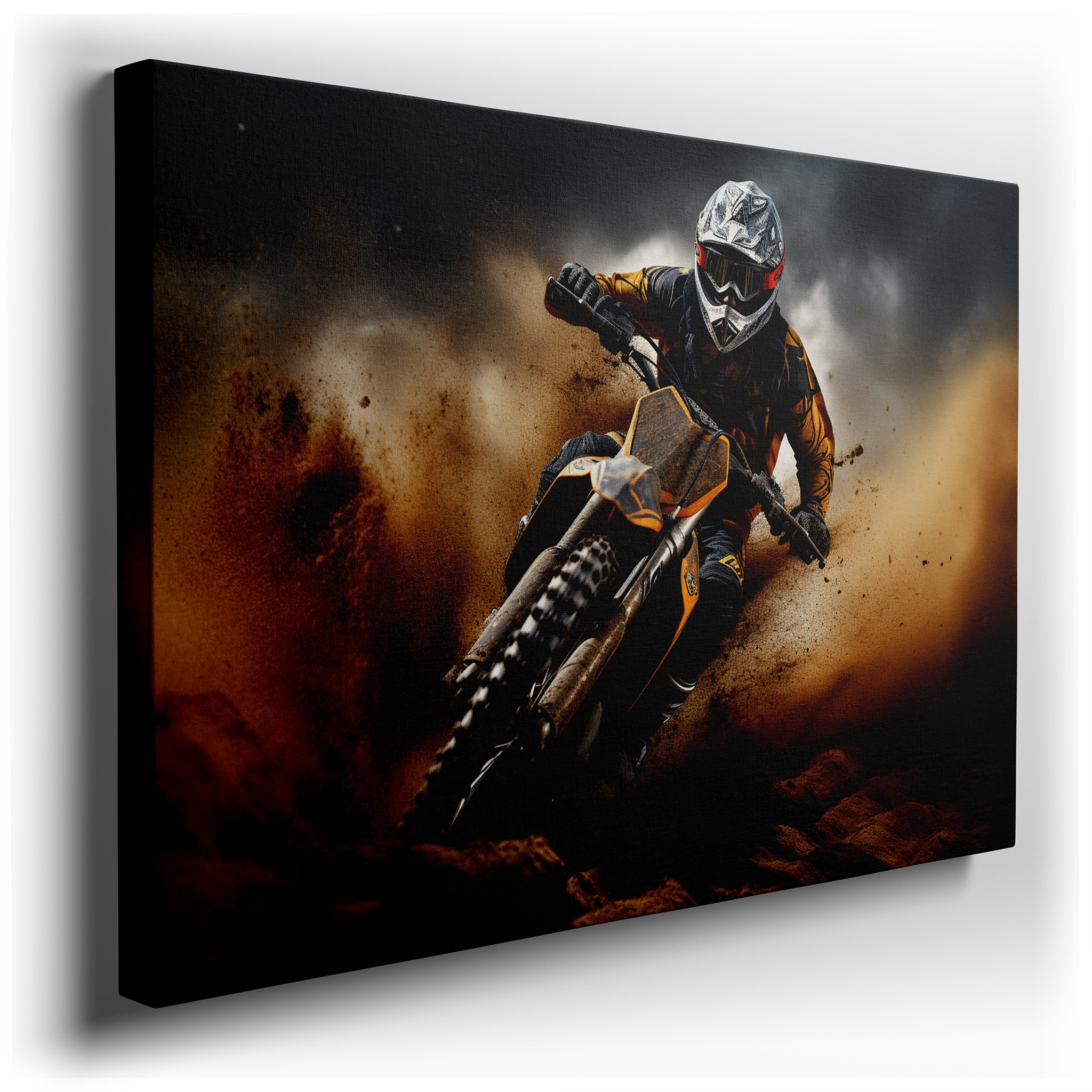 Motocross Mastery Wall Art: Large Canvas Depicting High - Flying Action Amidst Dust and Drama Under a Spacious Sky,