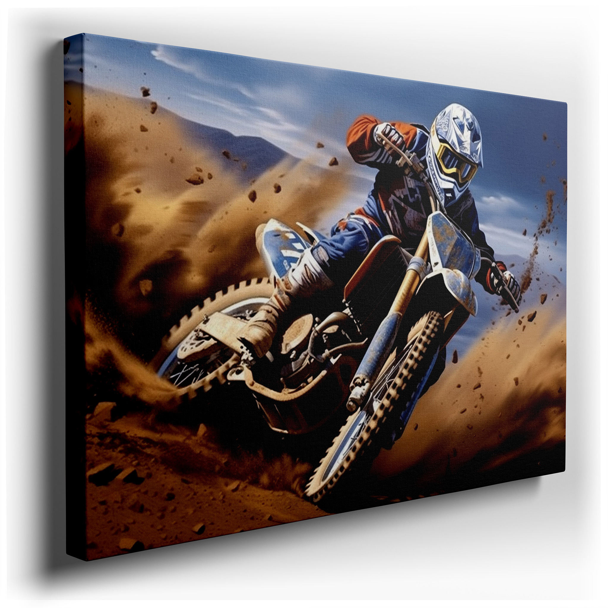 Motocross Racer Wall Art: Dynamic Scene with Swirling Dust, Symbolizing Motion and Excitement - Large Canvas for Home