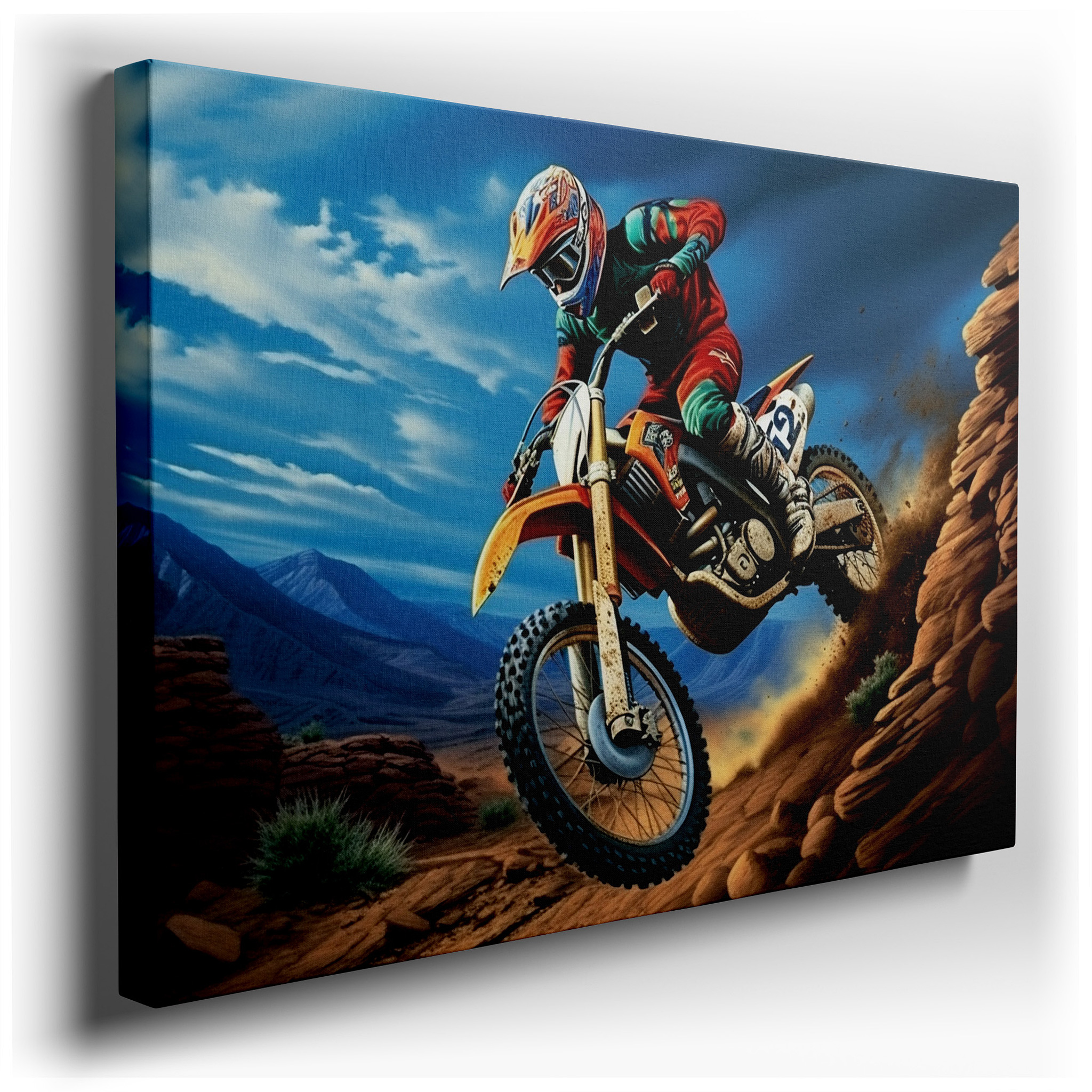 Motocross Racing Excitement Frozen Mid - Air Over Tough Terrain - Large Wall Art, Canvas, Decor for Office and Bedroom