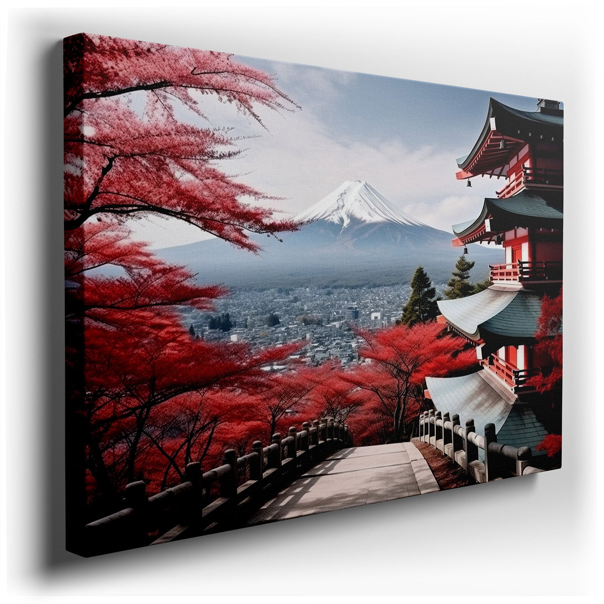 Mount Fuji and Cherry Blossoms Featuring a Japanese Pagoda - Canvas Wall Art