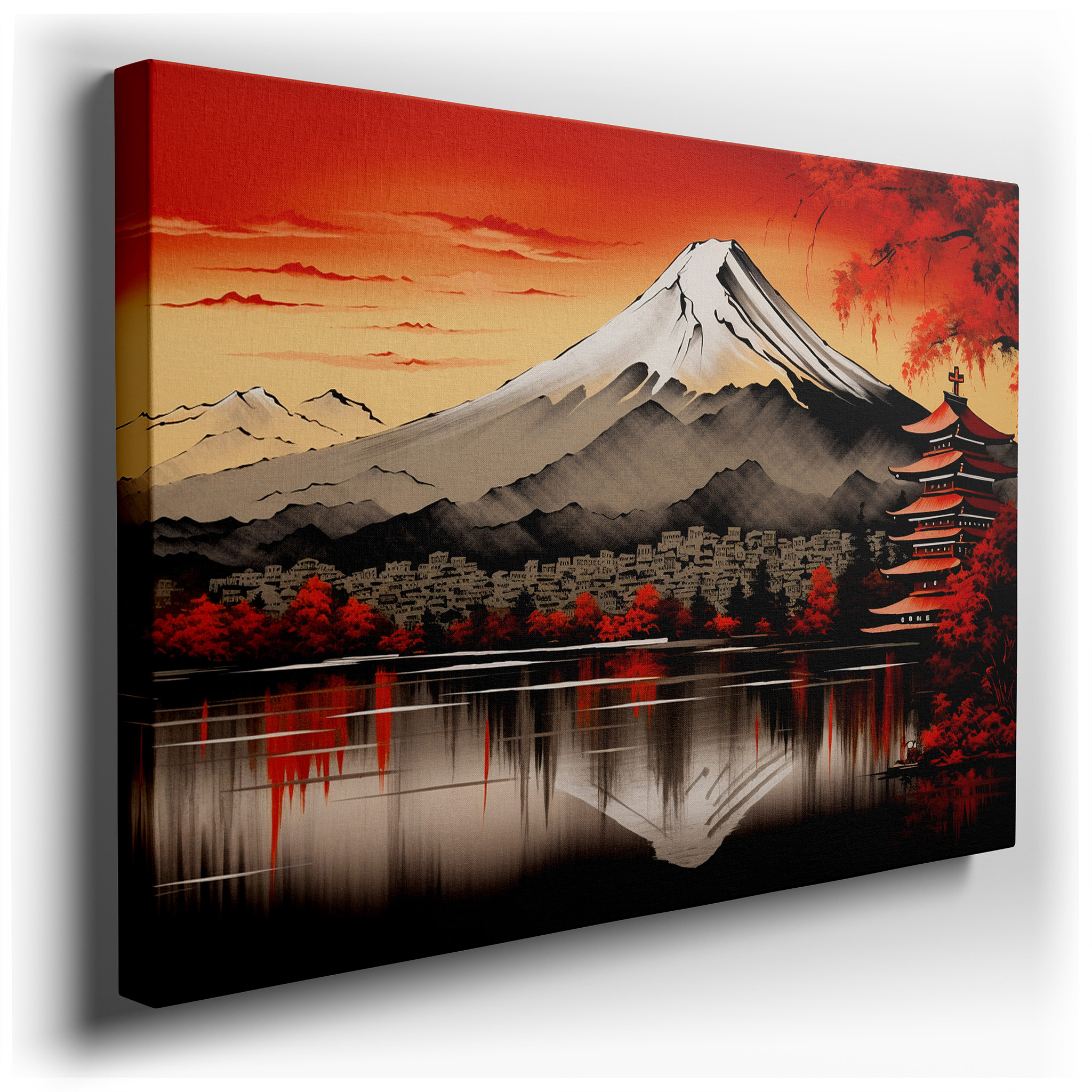 Mount Fuji and Pagoda Canvas Print in Autumn Glow - Large Wall Art for Office and Bedroom Decor wrapped canvas - main