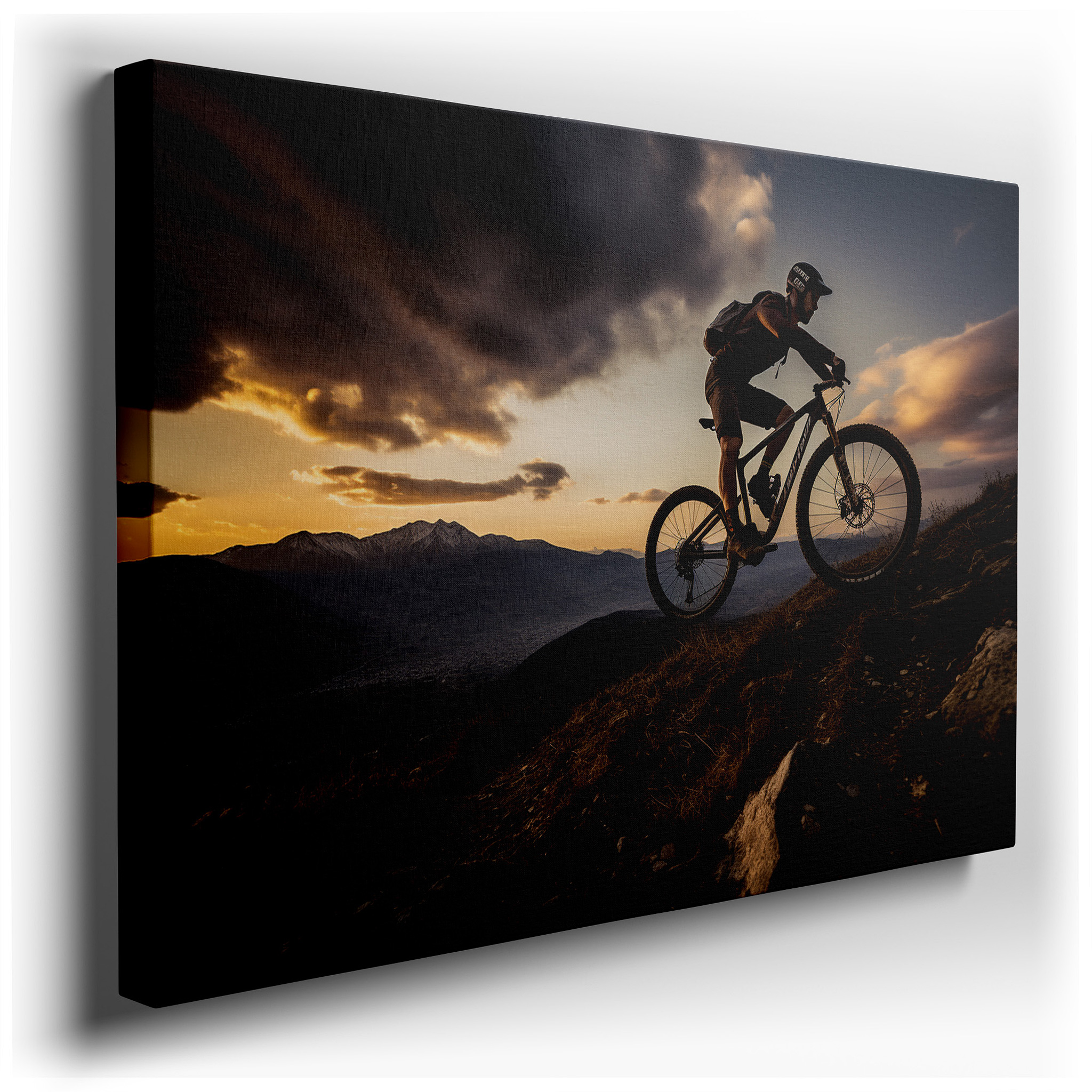 Mountain Biker Against Sunset Glow: Celebrating Outdoor Thrills and Challenges - Large Canvas Wall Art for Home and