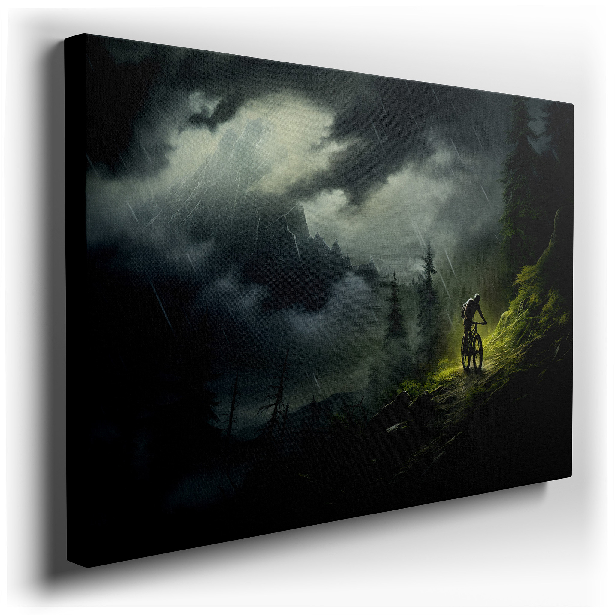 Mountain Biker's Rainy Trail Adventure Through a Misty Forest Wall Art - Large Canvas for Office, Bedroom, and Living