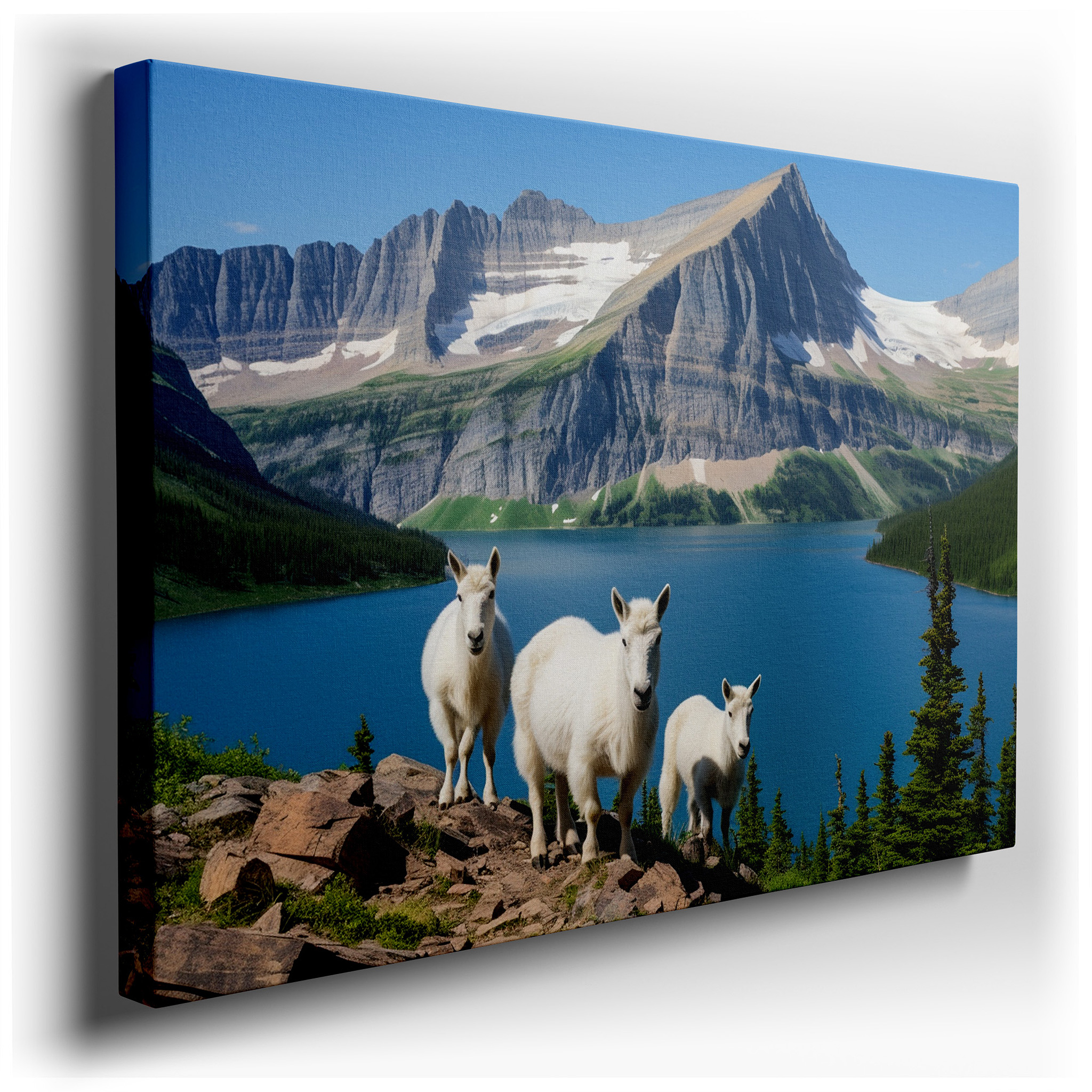 Mountain Goats on Rugged Terrain with Glacial Lake View Large Wall Art, Canvas Wall Art, Wall Decor for Office and