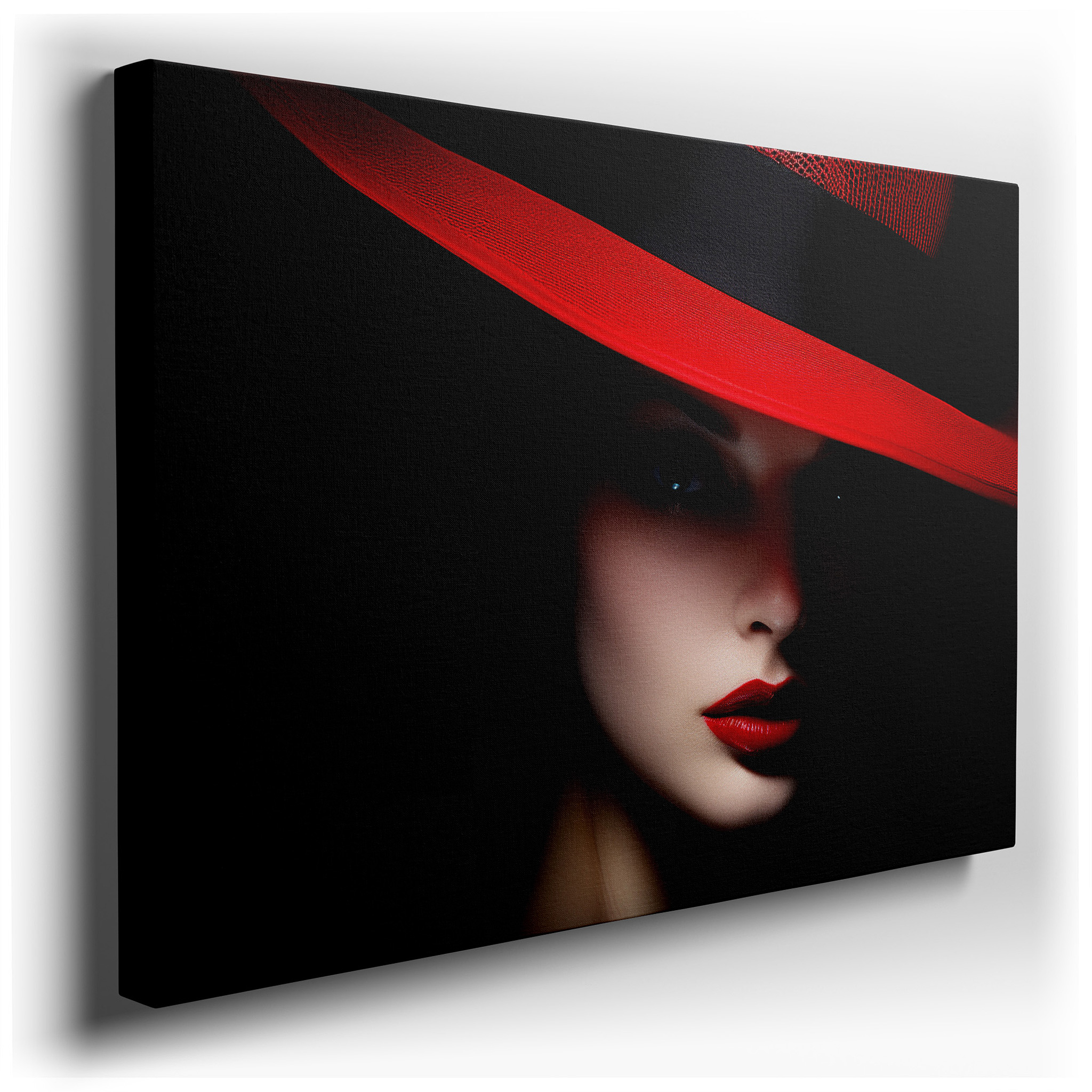 Mysterious and Alluring Portrait with Bold Red Hat and Vivid Lips - Large Canvas Wall Art for Office and Bedroom Decor