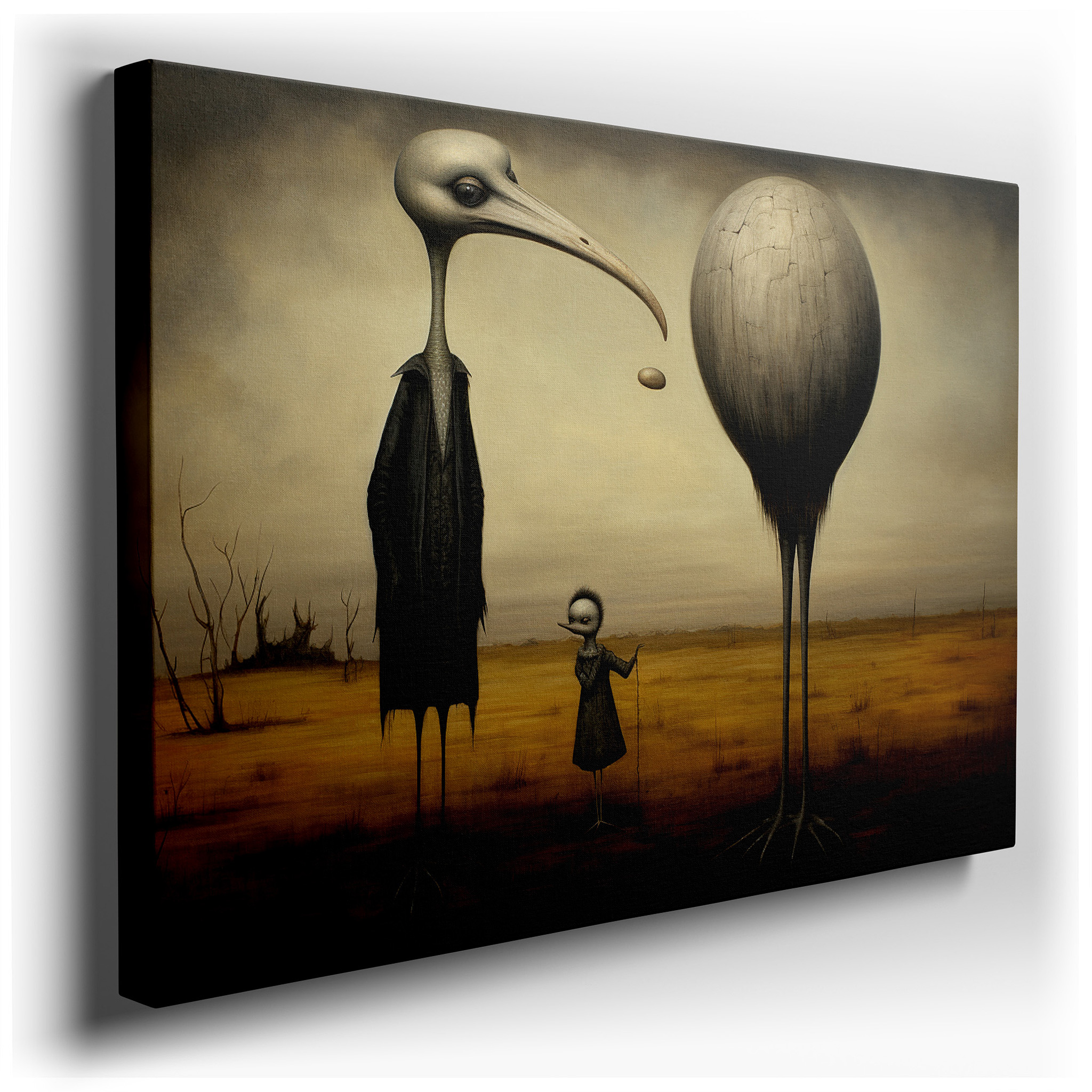 Mysterious Figures and a Regal Bird in an Endless Surreal Landscape: Large Canvas Wall Art for Office and Bedroom Decor