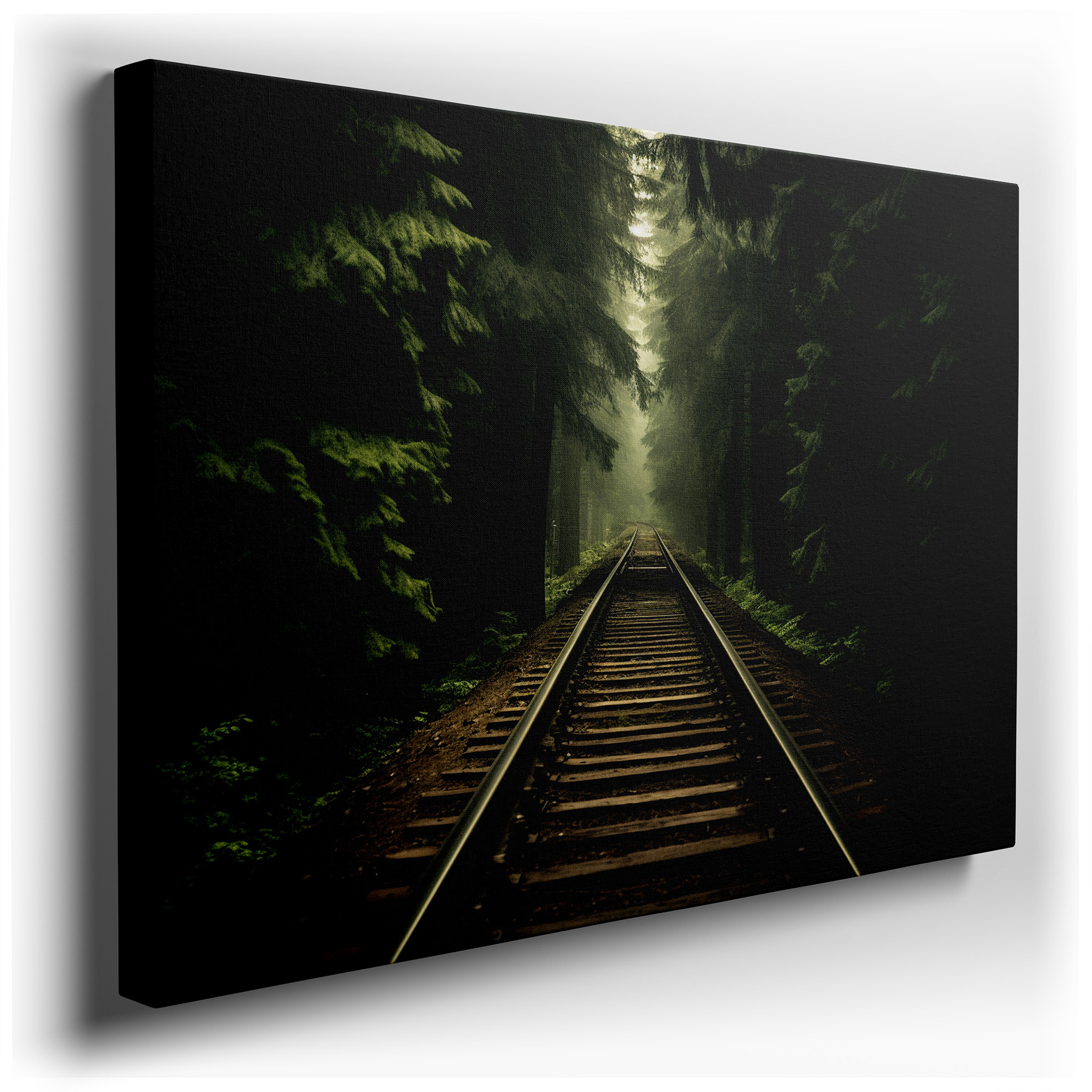 Mysterious Mist - Covered Railway Tracks Through a Lush Forest, Large Wall Art, Canvas Wall Art, Wall Decor for Office