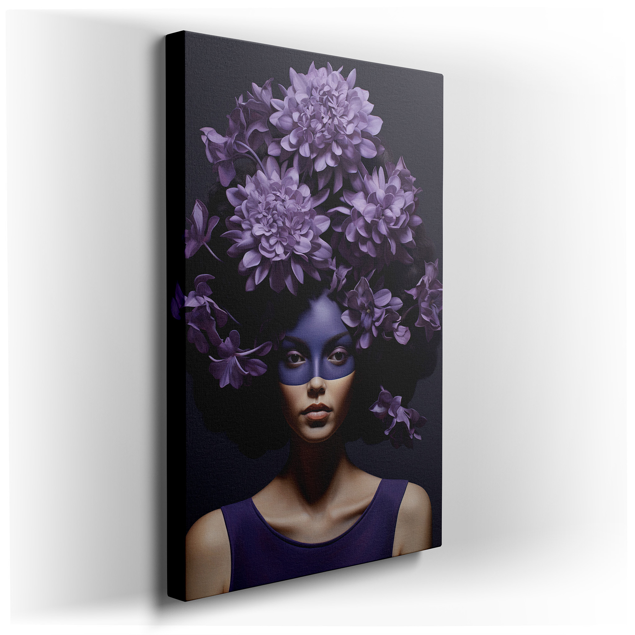 Mysterious Portrait of a Woman in a Mask Surrounded by Purple Flowers, Exploring Identity and Mystery - Large Wall Art,