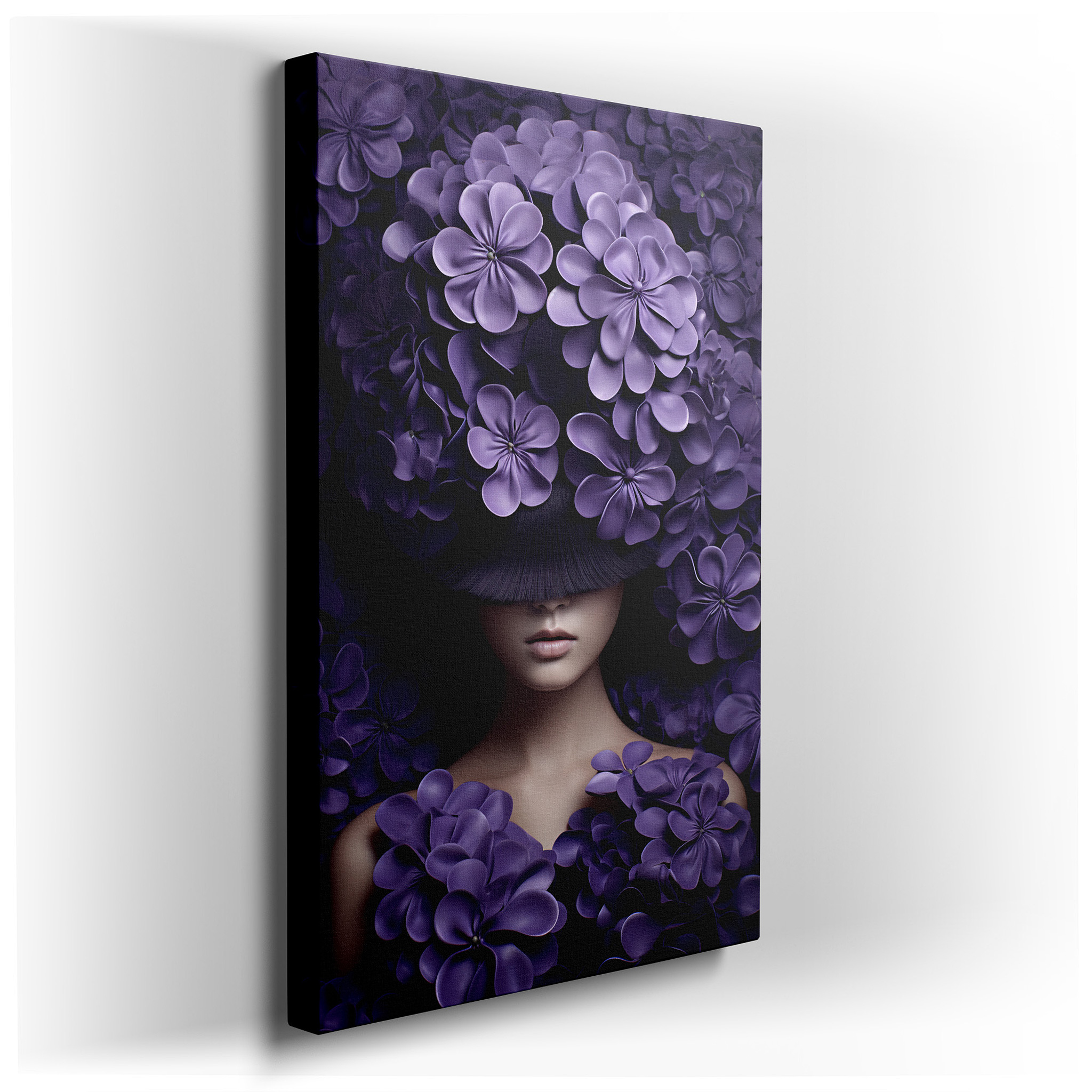 Mysterious Portrait of a Woman Shrouded in Rich Purple Flowers, Exploring Nature and Identity, Large Wall Art, Canvas