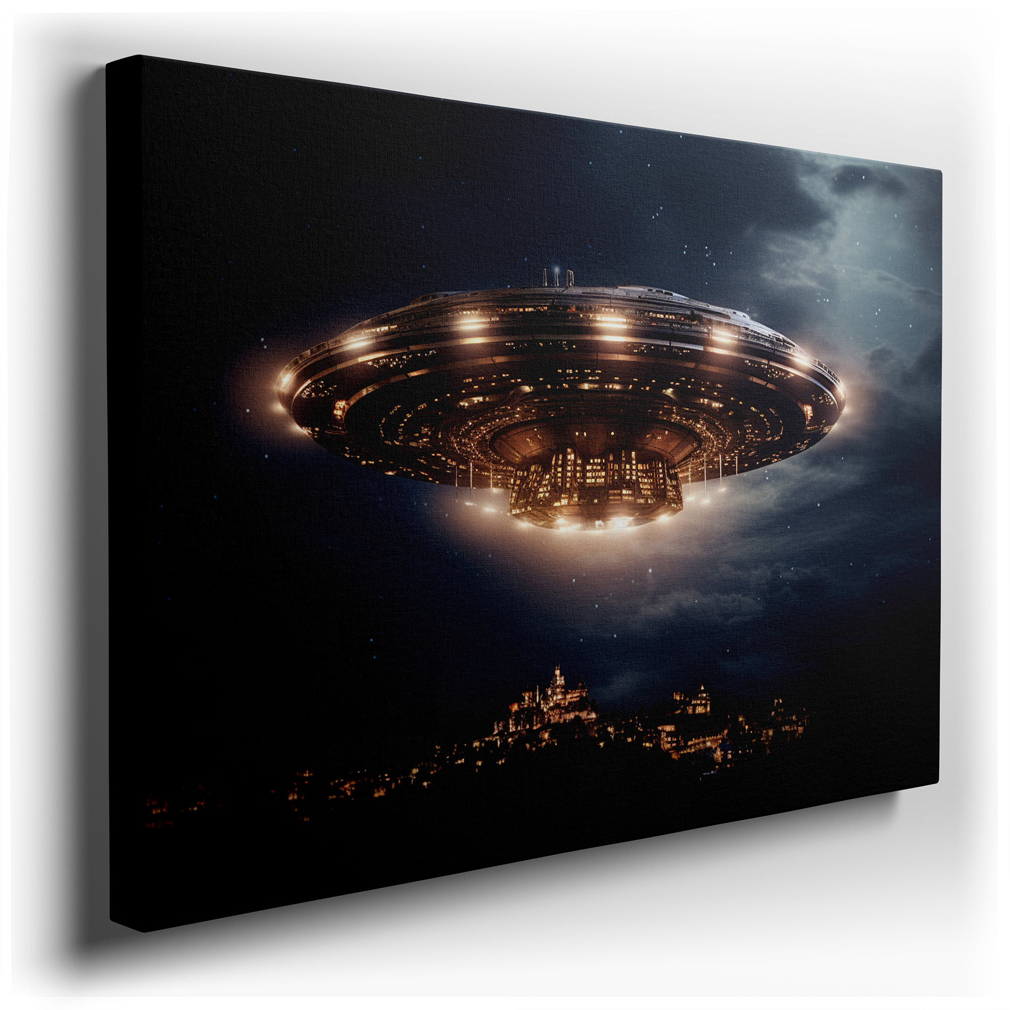 Mysterious UFO Hovers Above City Surrounded by Mountains, Emitting a Magical Radiance - Large Wall Art, Canvas Wall