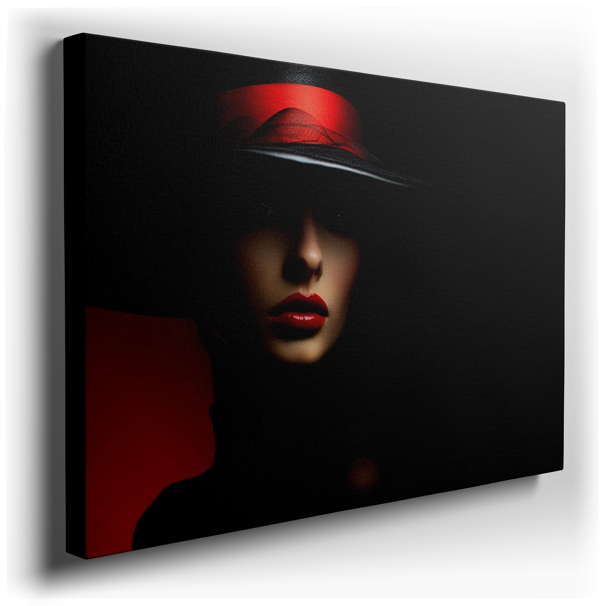 Mysterious Woman in Shadow and Light, Dramatic Black Hat Large Wall Art, Canvas Wall Art, Wall Decor for Office wrapped