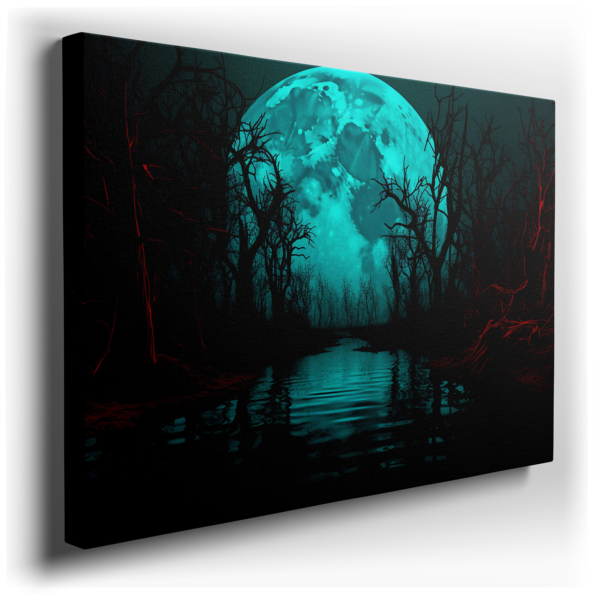 Mystical Blue Moonlight Over Dark Forest Wall Art: Ethereal Gateway Large Canvas, Ideal for Office and Bedroom Decor