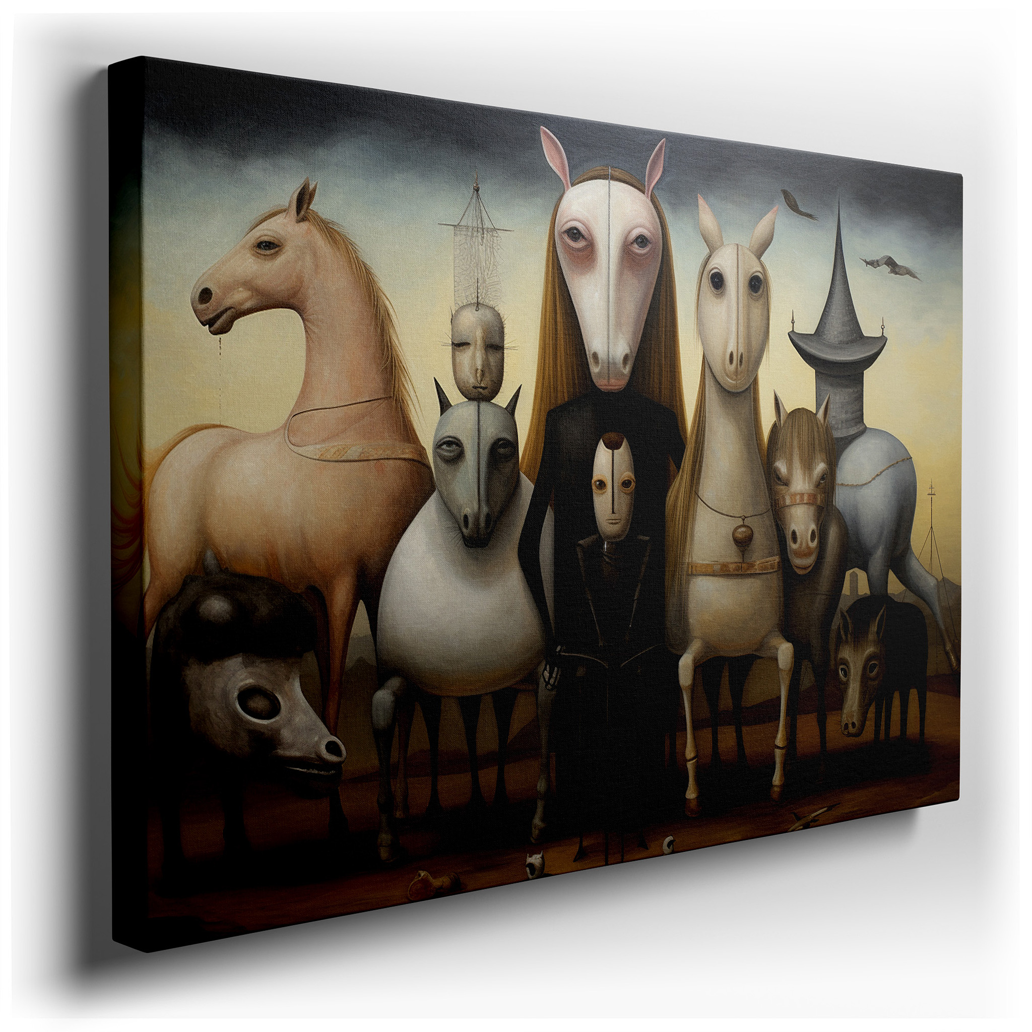 Mystical Dance of Wisdom and Mystery Featuring Stylized Horses and Enigmatic Figure, Large Canvas Wall Art for Office