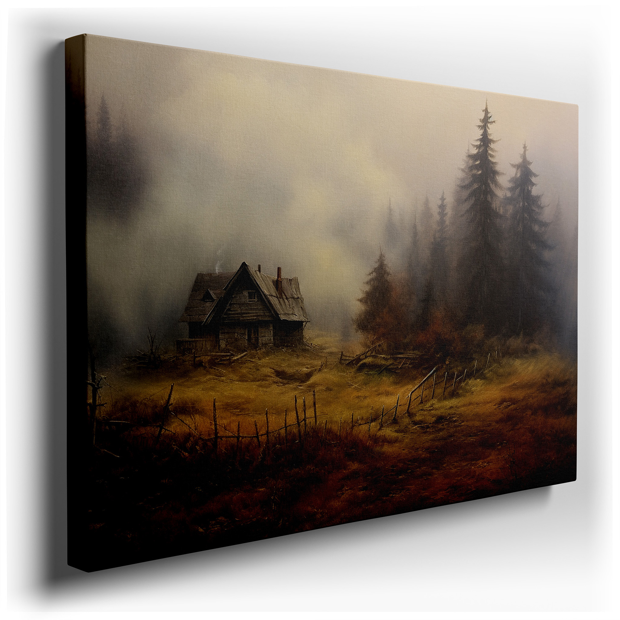 Mystical Dwelling Surrounded by Mist and Woods: A Timeless Tale of Nature's Reclamation - Large Wall Art, Canvas Wall