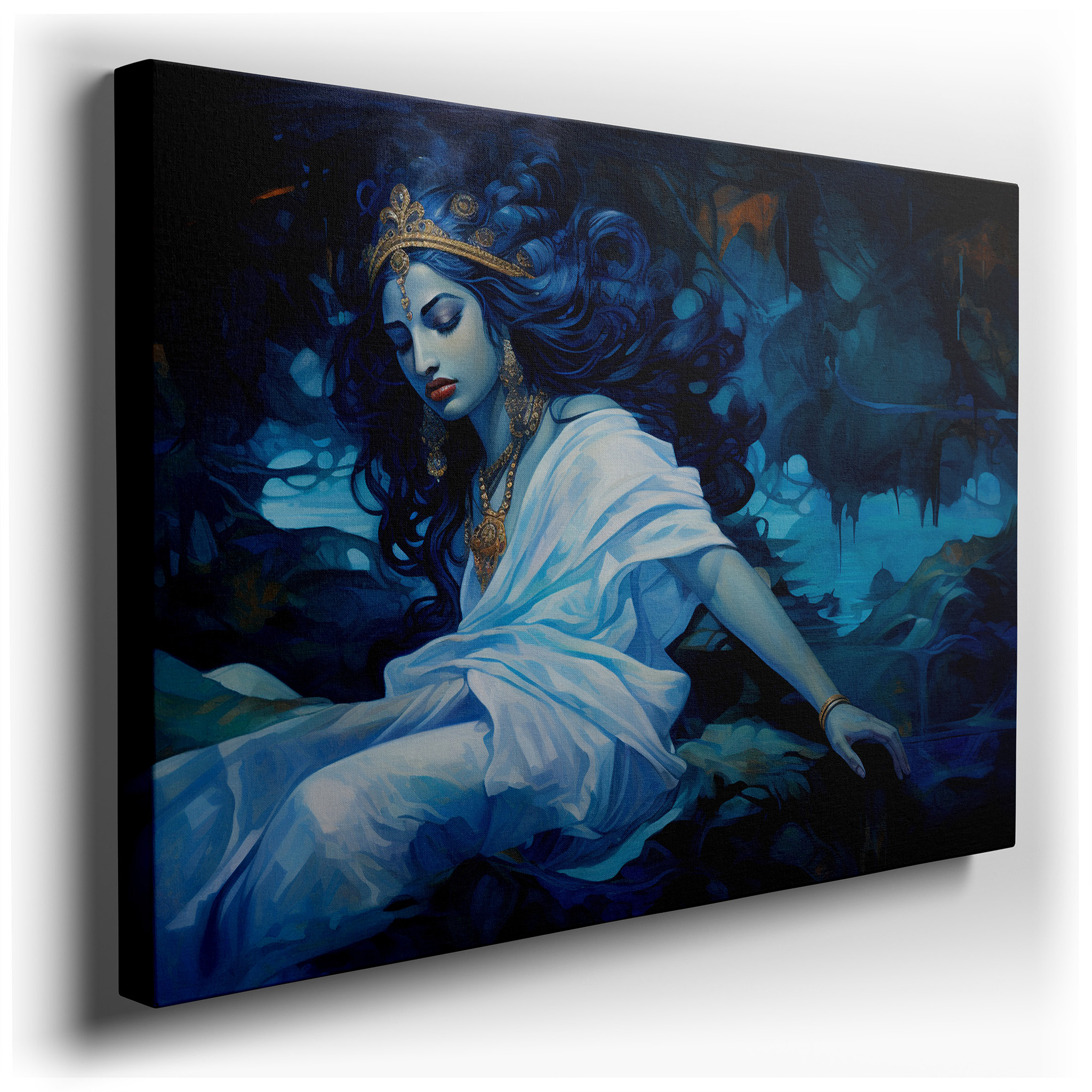 Mystical Elegance in Blue Hues: Enigmatic Figure Draped in Flowing Robes, Large Wall Art, Canvas Wall Art, Wall Decor,