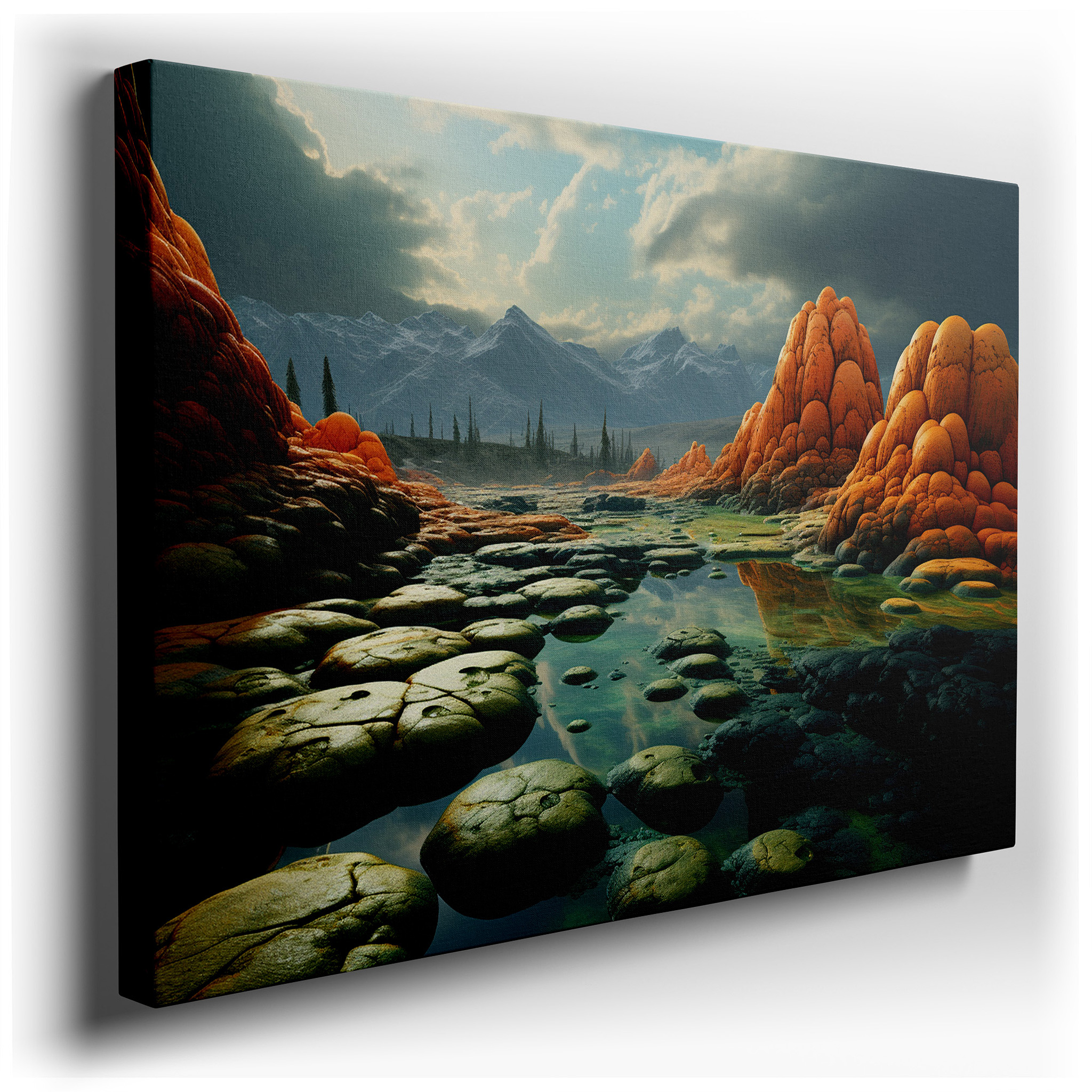 Mystical Landscape Featuring Curved Rock Structures and Foggy Hot Springs, Large Canvas Wall Art for Home and Office
