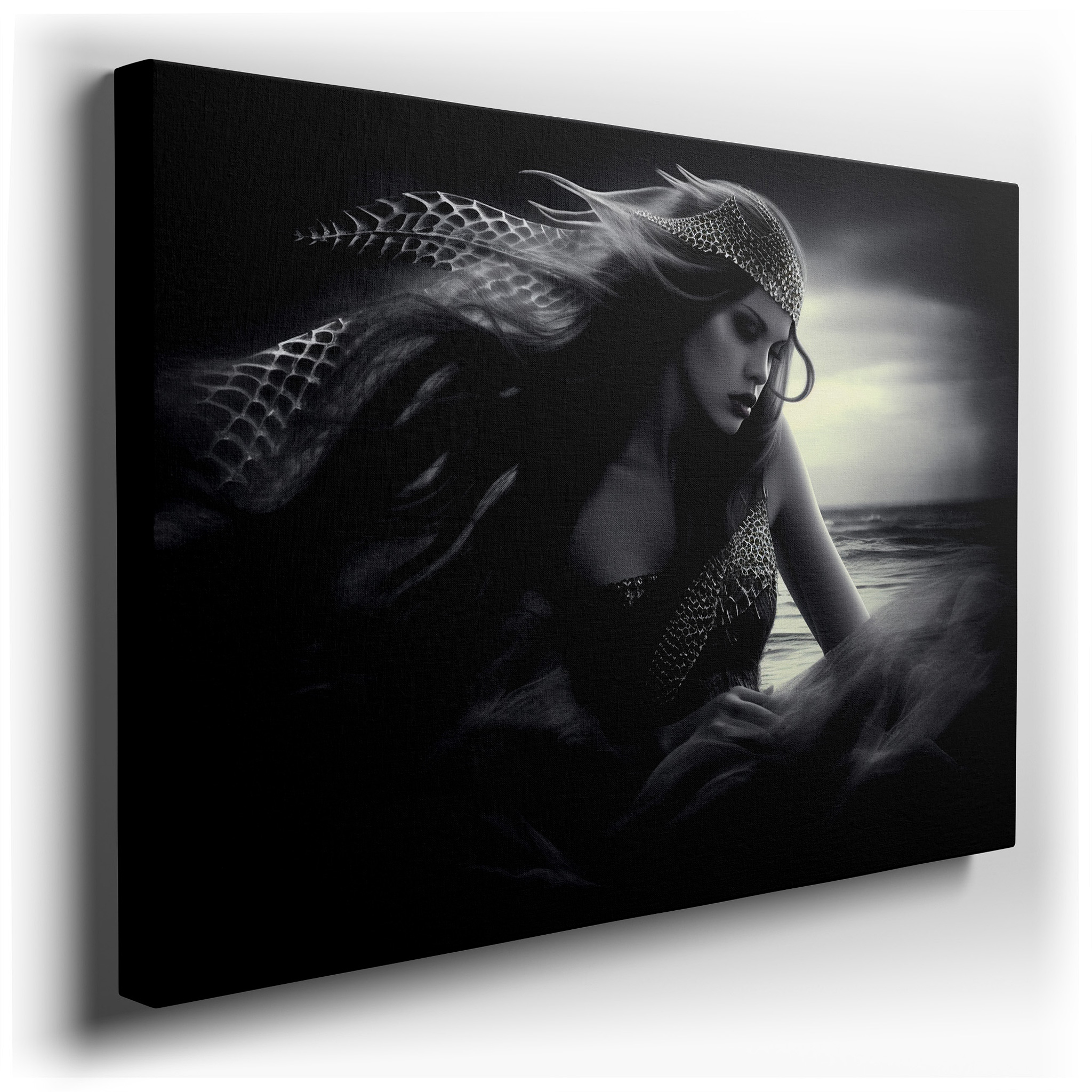 Mystical Mermaid Emerging from the Ocean Depths, Ethereal Fog and Wave Blend, Large Canvas Wall Art for Office and