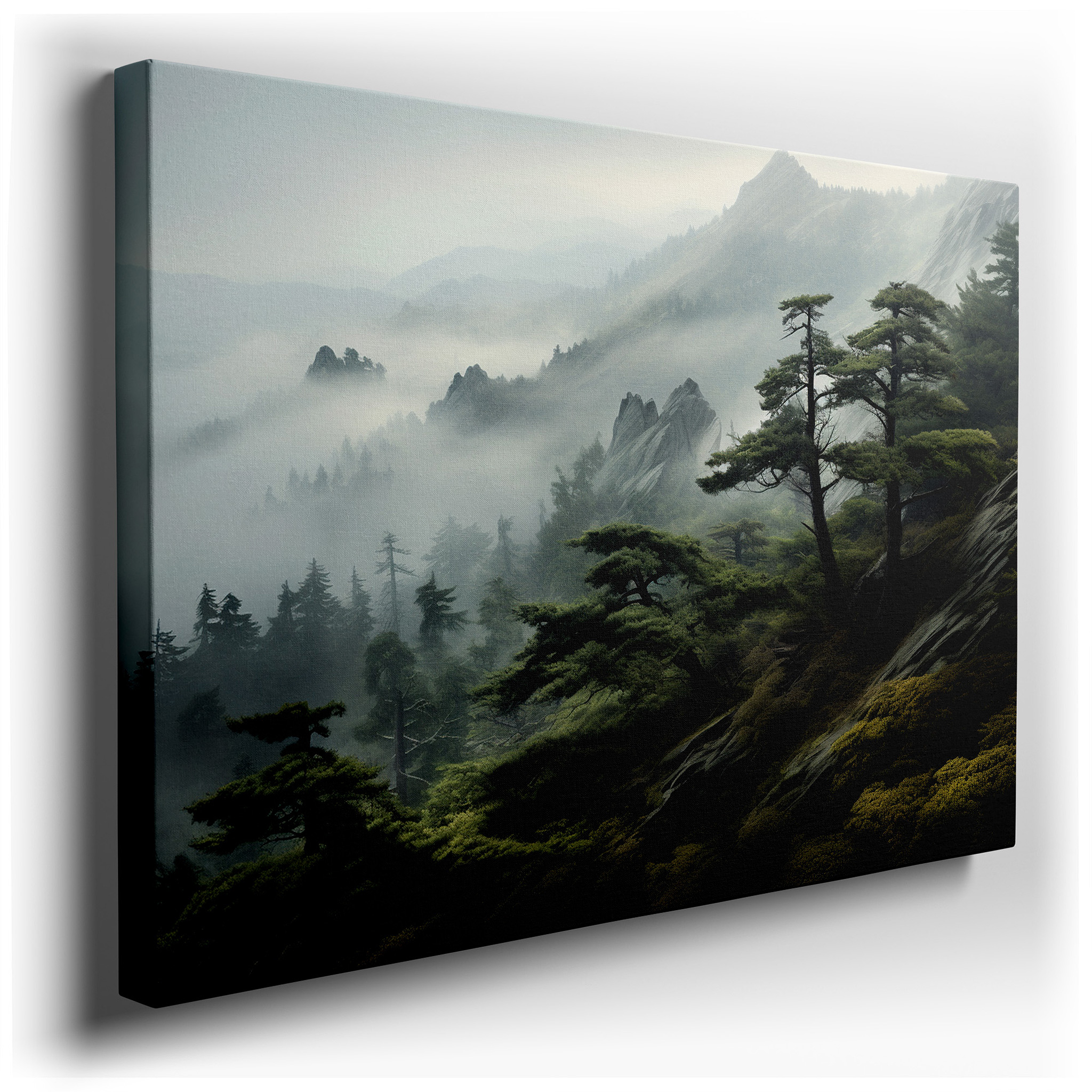 Mystical Mountain Landscape in Mist Wall Art: Serene Wilderness Masterpiece for Large Canvas Decor, Ideal for Office