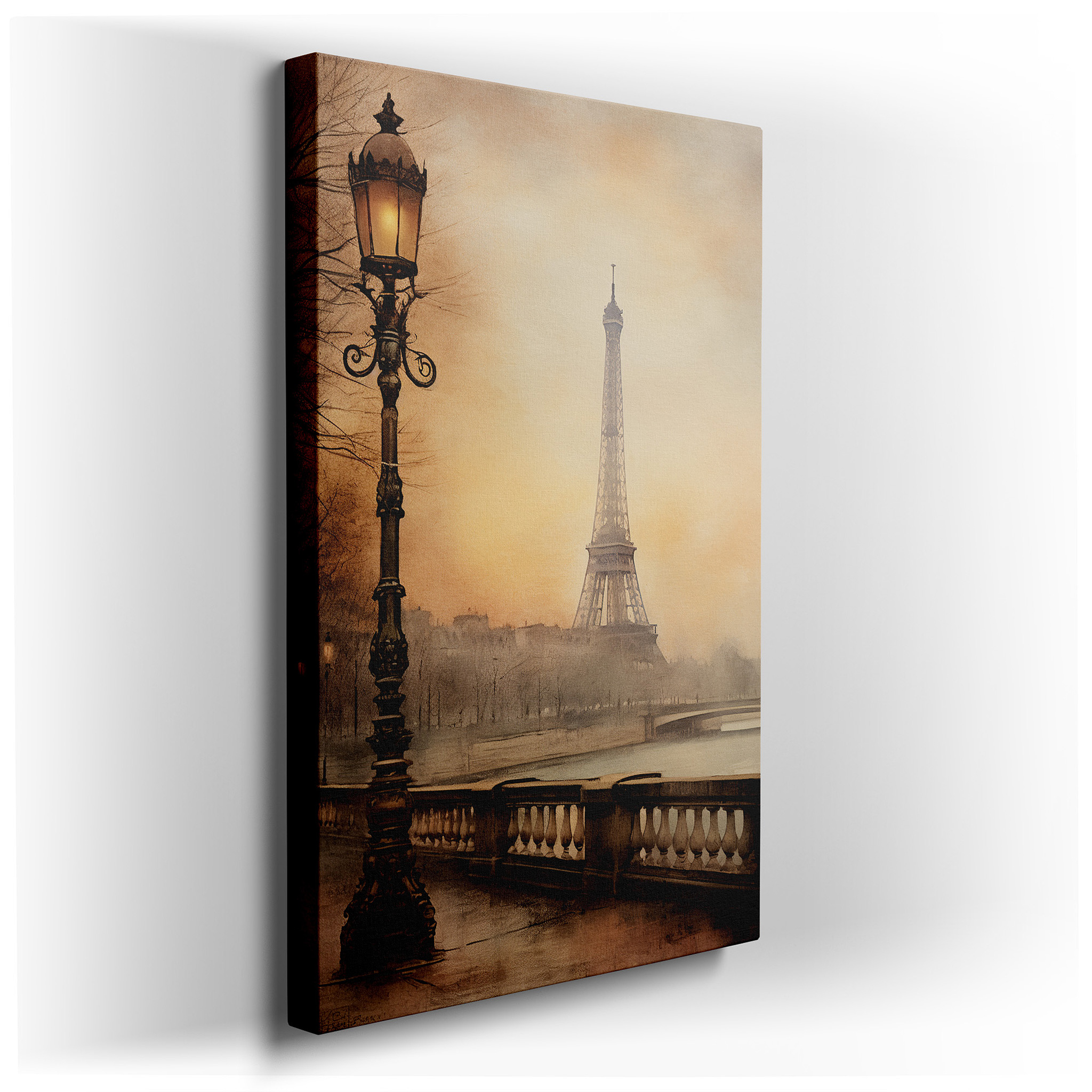 Mystical Parisian Night with Foggy Eiffel Tower and Lit Seine River Large Wall Art, Canvas Wall Art, Wall Decor for