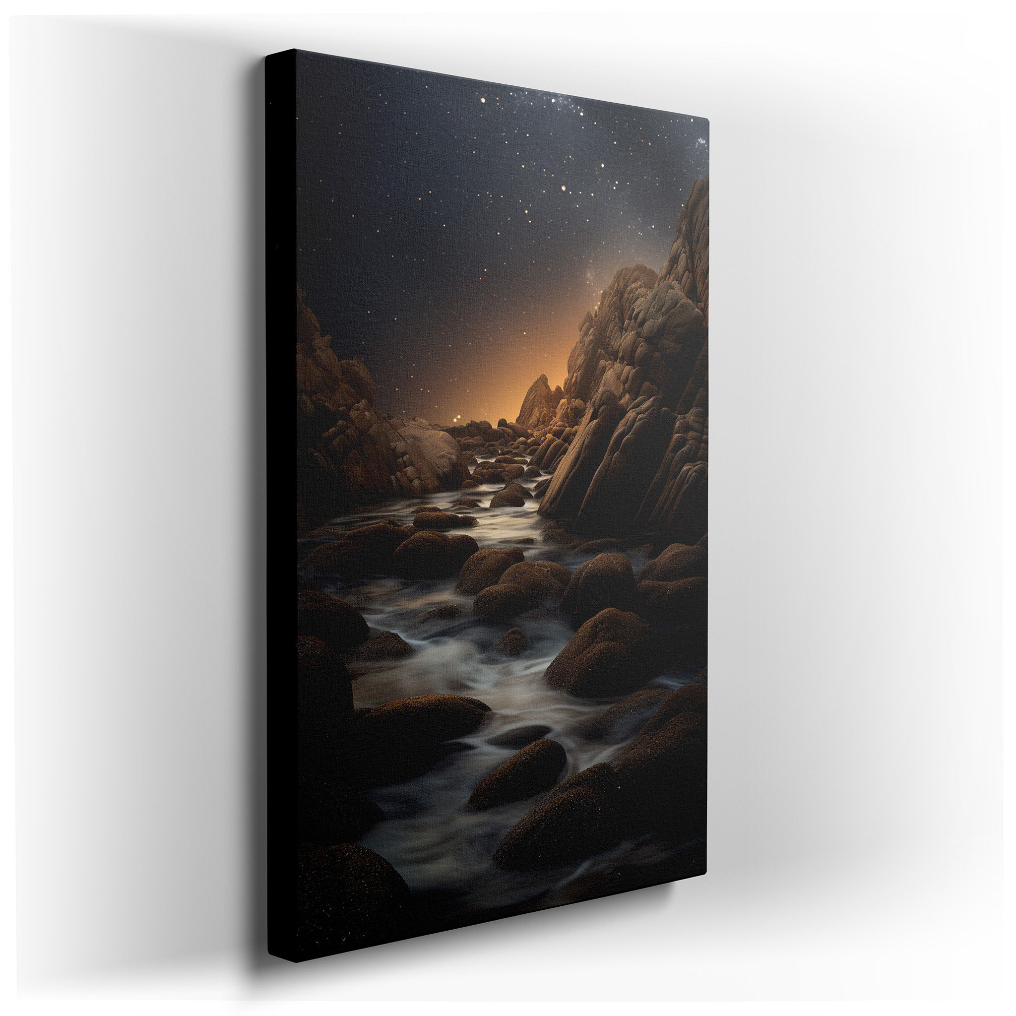 Mystical Shoreline Canvas Art: Rugged Rocks and Gentle Waters Under a Starry Sky - Large Wall Decor for Office wrapped