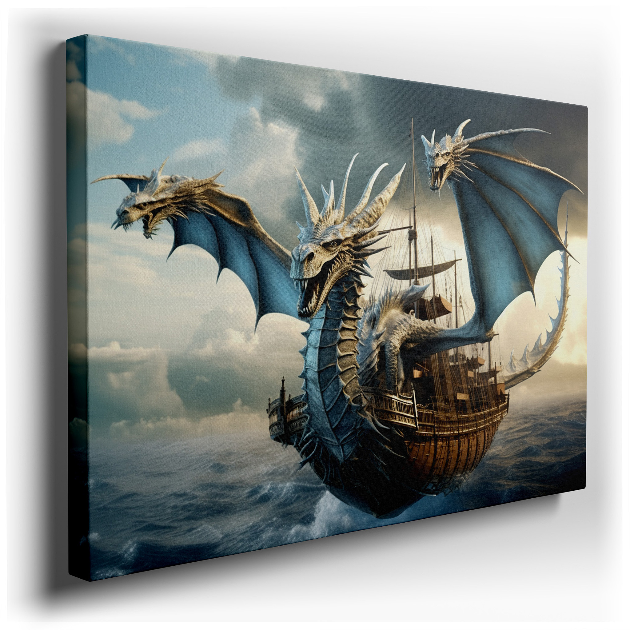 Mythical Dragon and Ancient Ship Canvas Art: Stormy Skies Large Wall Decor for Office, Bedroom, and Living Room wrapped