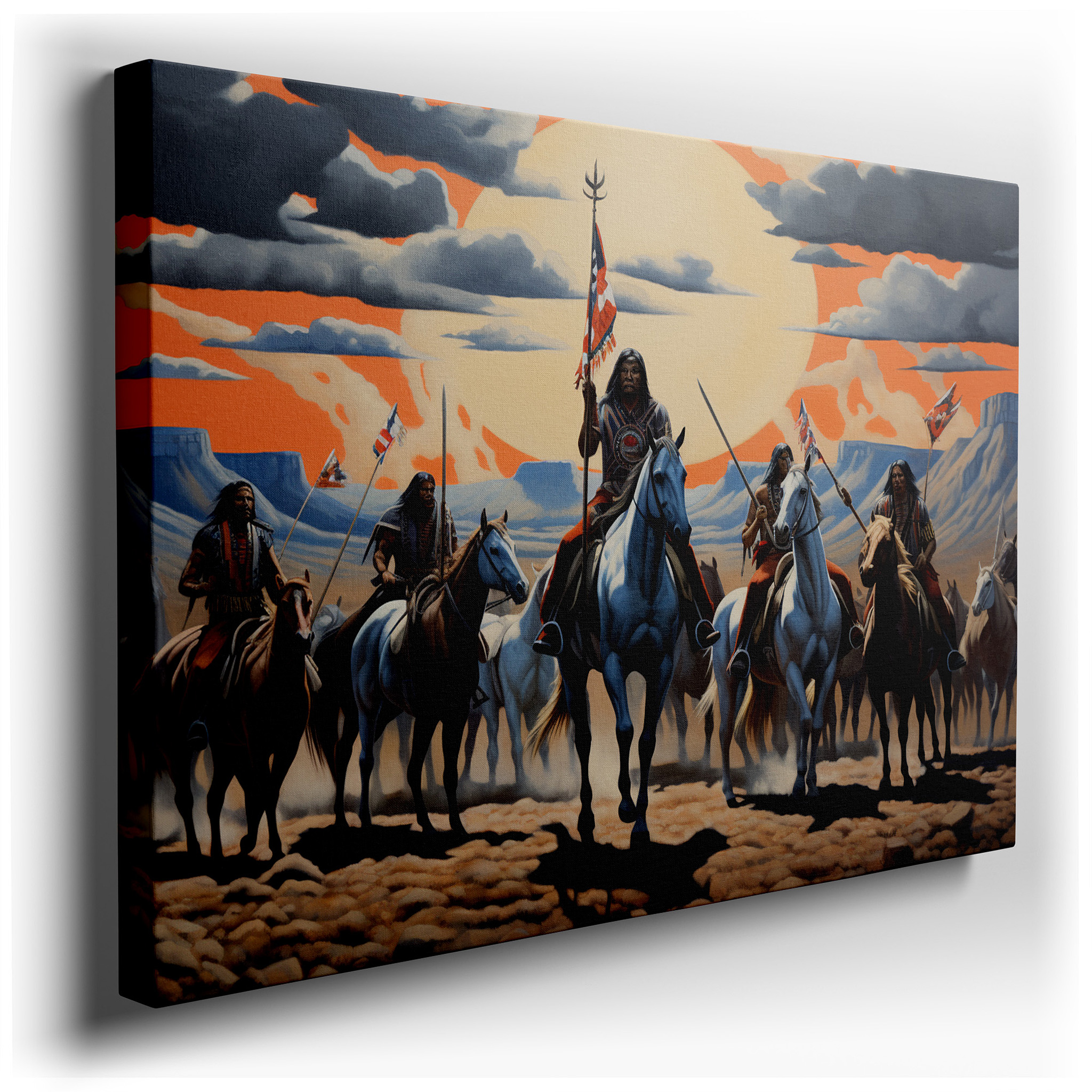 Native American Warriors Riding Horses at Sunset, Representing Strength and Unity, Large Canvas Wall Art for Home and