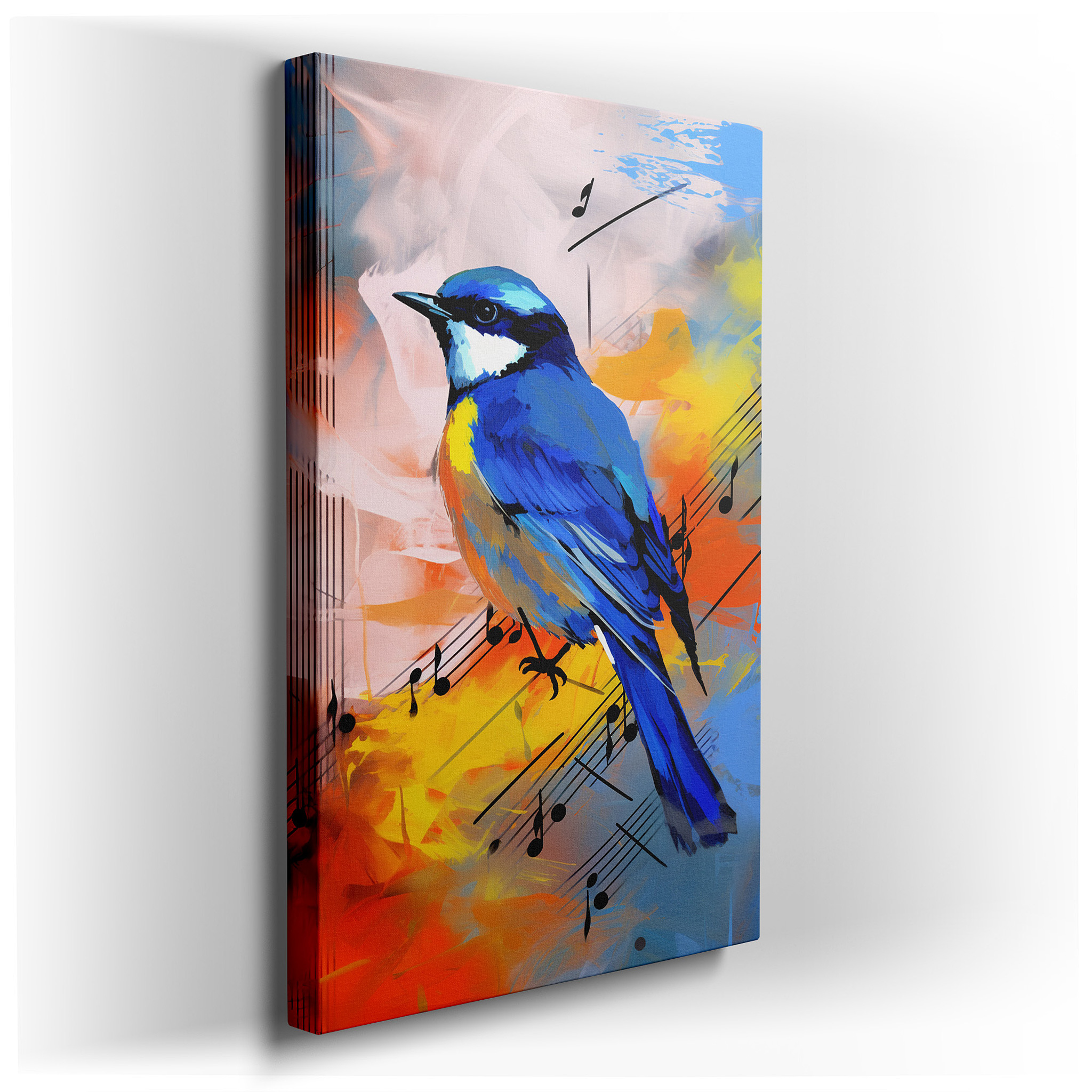 Nature's Serene Melody: Blue Bird on Swirling Musical Notes - Large Canvas Wall Art for Office and Bedroom Decor