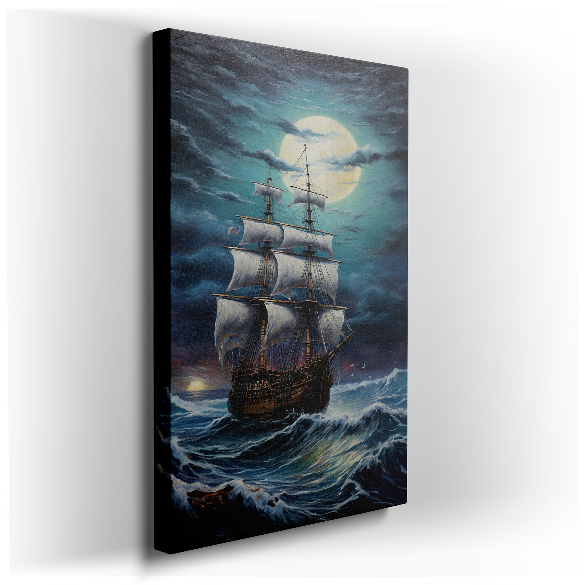 Navigating Stormy Seas Under a Radiant Moon - A Vision of Nautical Resilience and Mystical Light: Large Canvas Wall Art