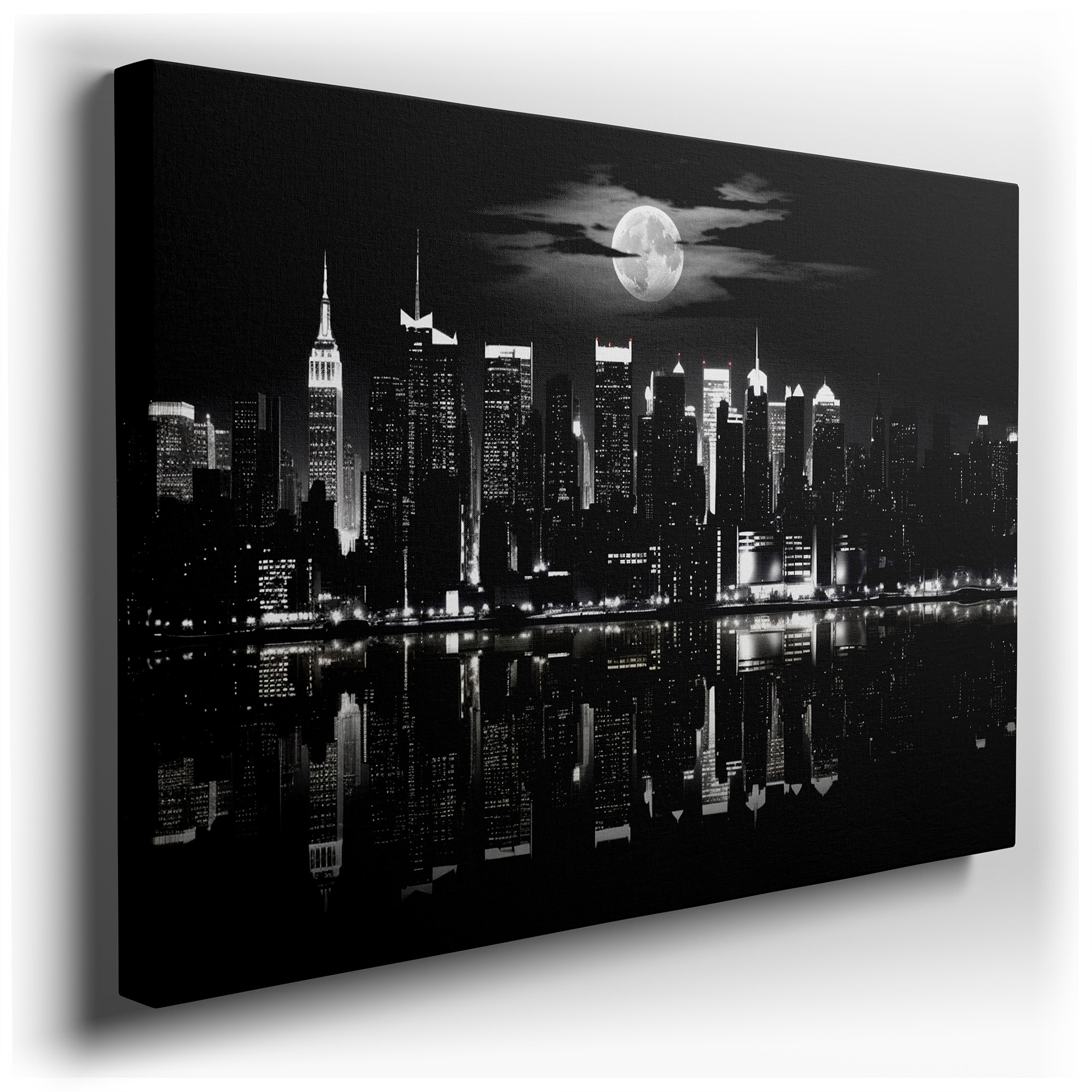New York City Skyline with a Radiant Moon in Black and White - Large Canvas Wall Art for Office and Bedroom Decor