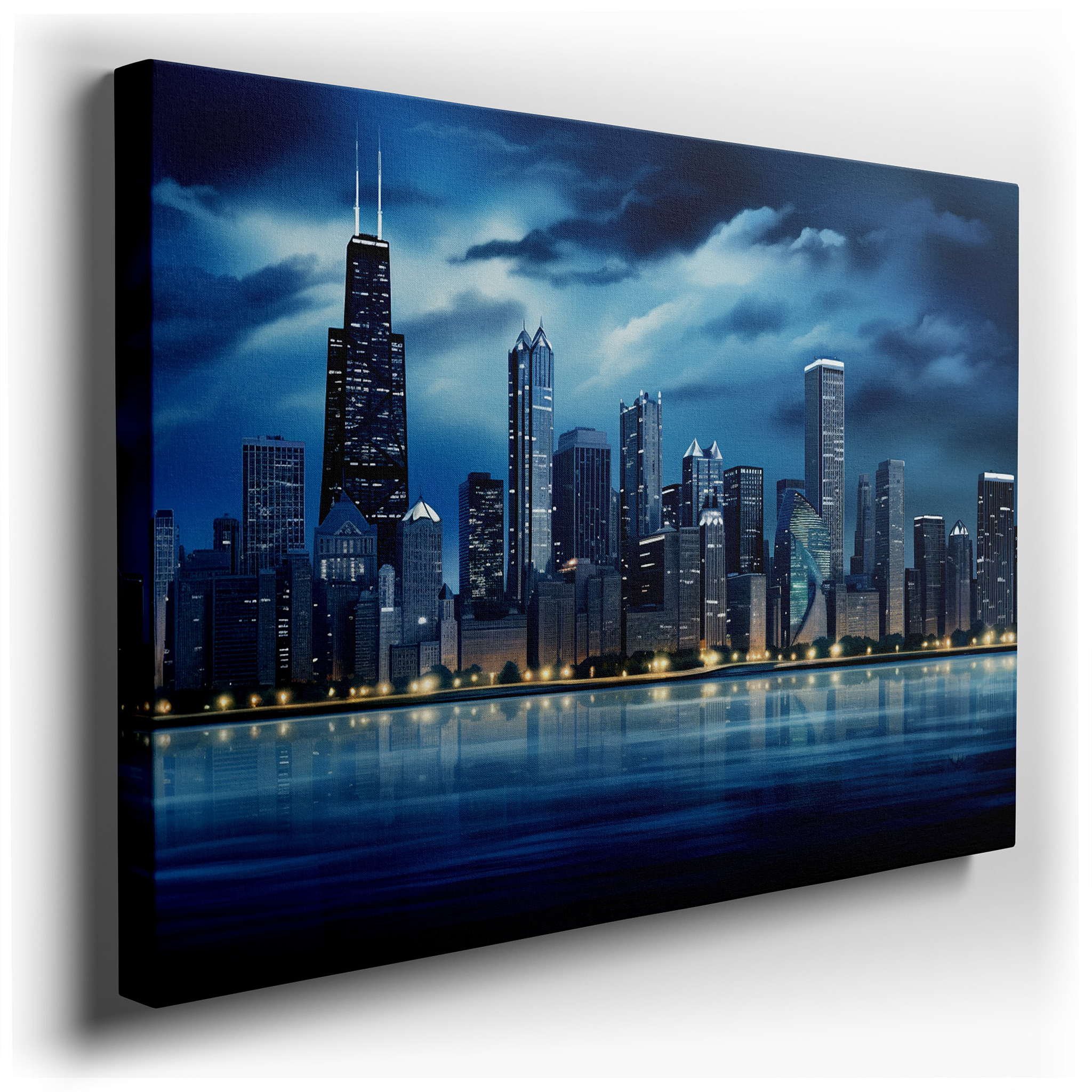 Nighttime City Skyline - Modern Urban Light and Reflection Tapestry, Large Canvas Wall Art for Office and Bedroom Decor