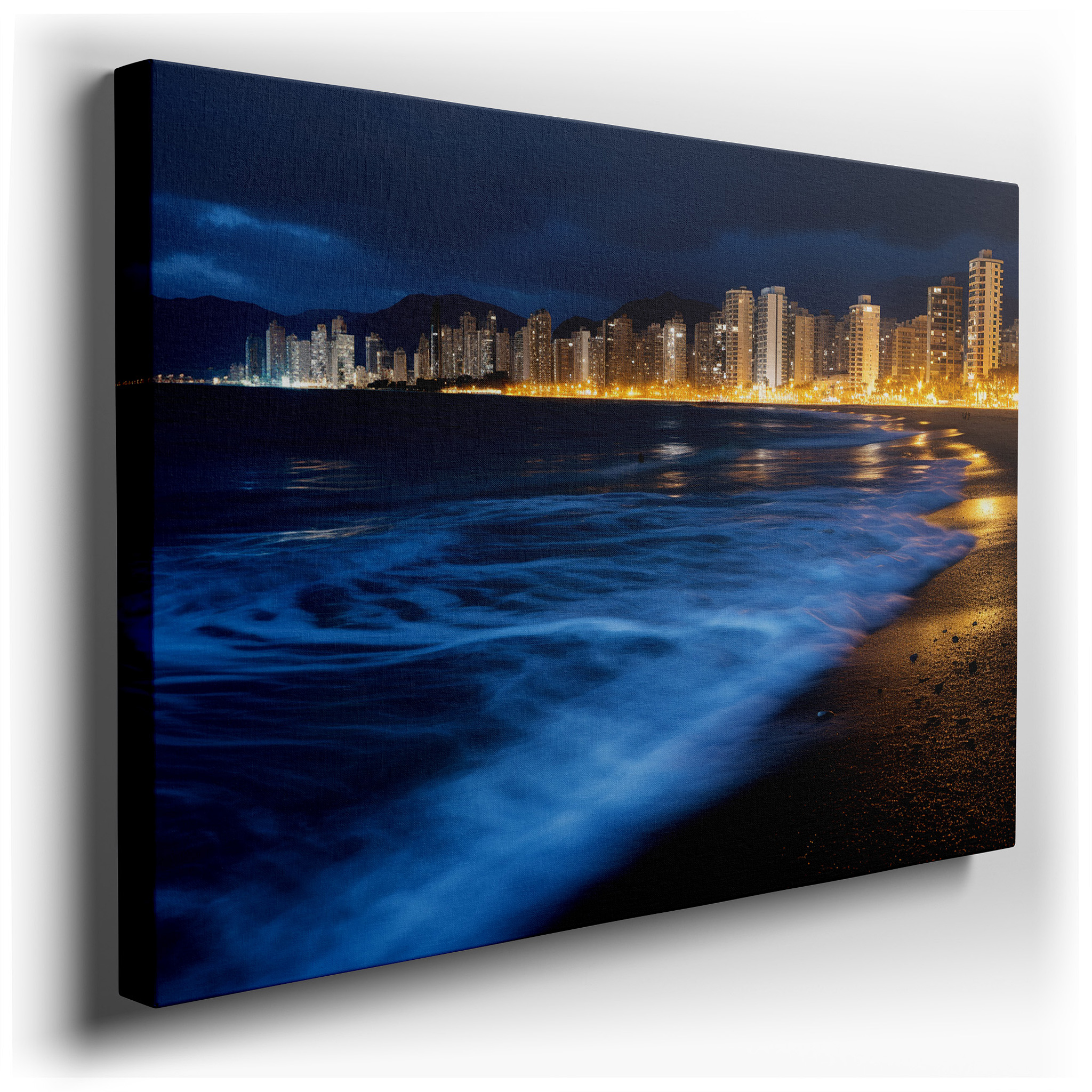 Nighttime Urban Cityscape with Glowing Lights and Peaceful Water Reflections - Large Canvas Wall Art for Office and