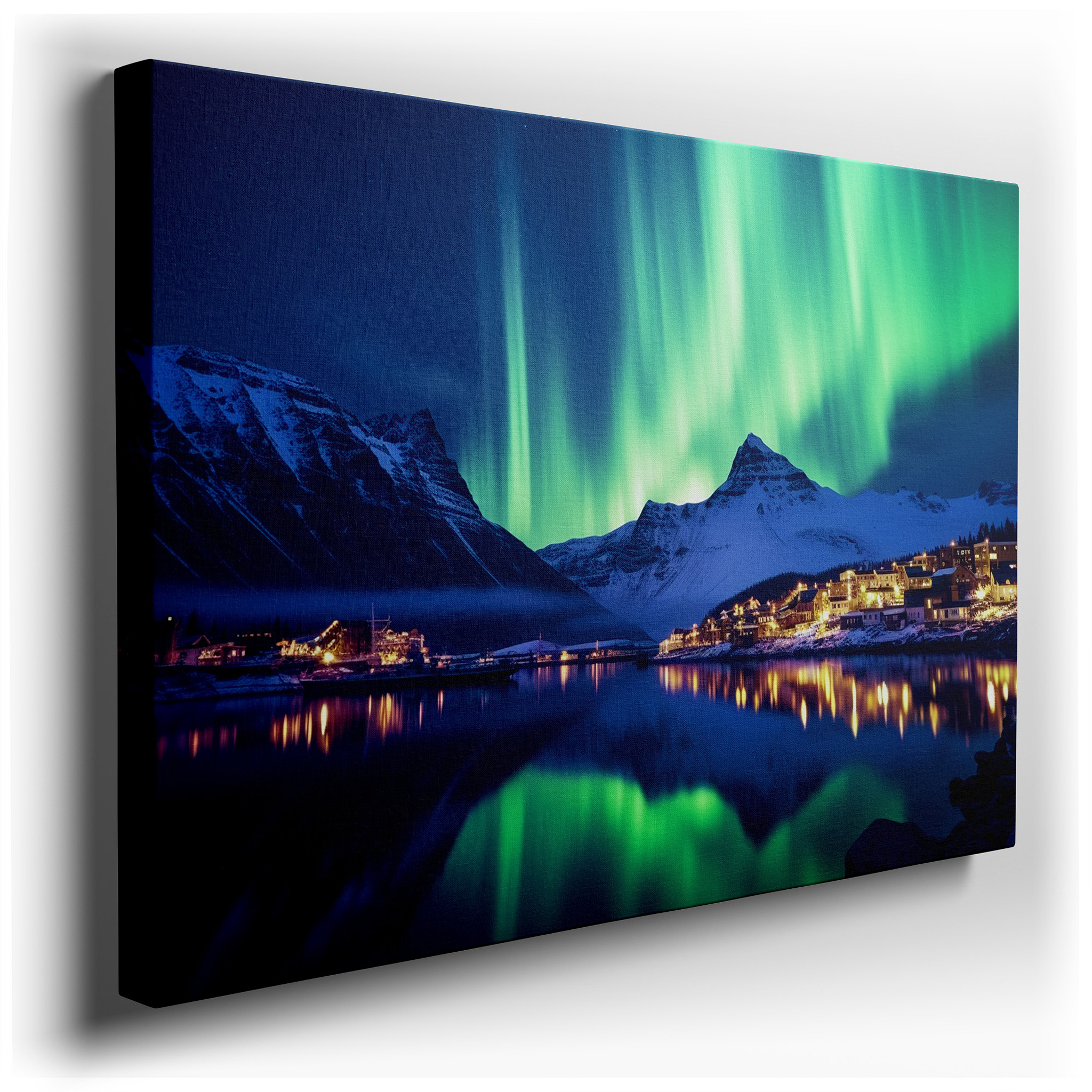 Northern Lights Above Peaceful Coastal Town, Captivating Night Sky Large Wall Art, Canvas Wall Art, Wall Decor for