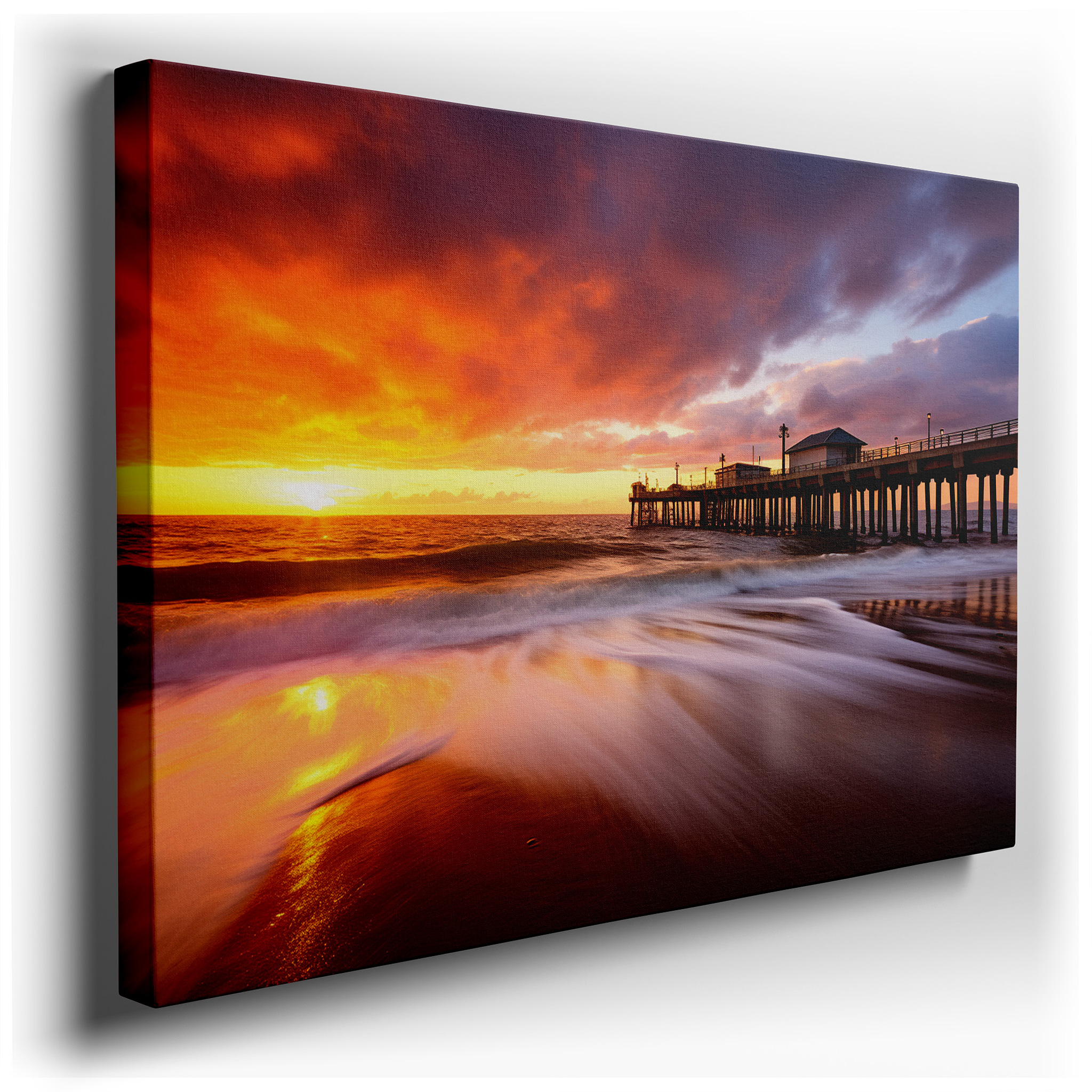 Ocean Pier Sunset Serenade: Large Canvas Wall Art Featuring Golden Sands and Gentle Waves, Ideal for Office Wall Decor