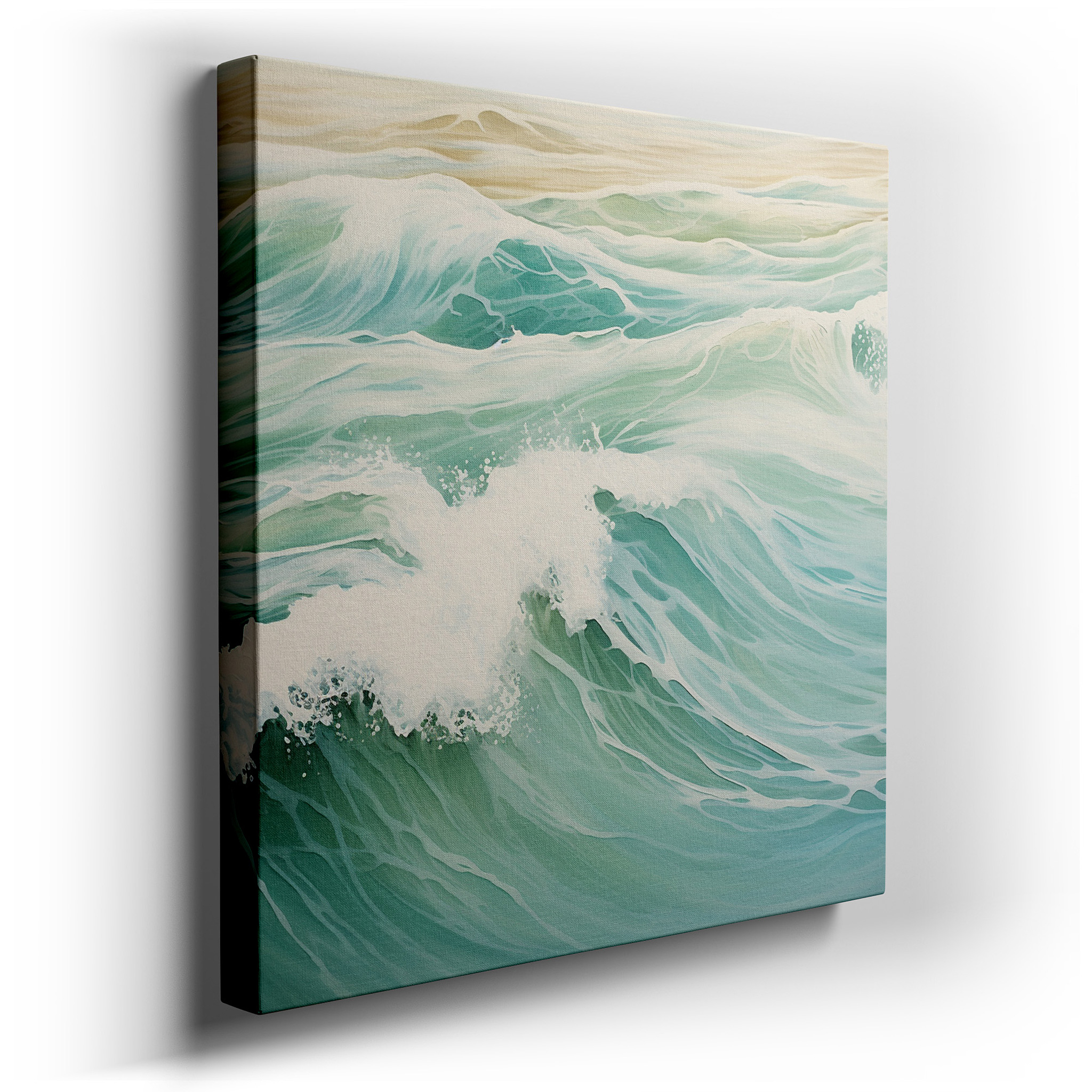Ocean's Embrace Wall Art: Dynamic Aqua Waves and Sunlit Crests in Brush Strokes - Large Canvas Wall Art for Office and