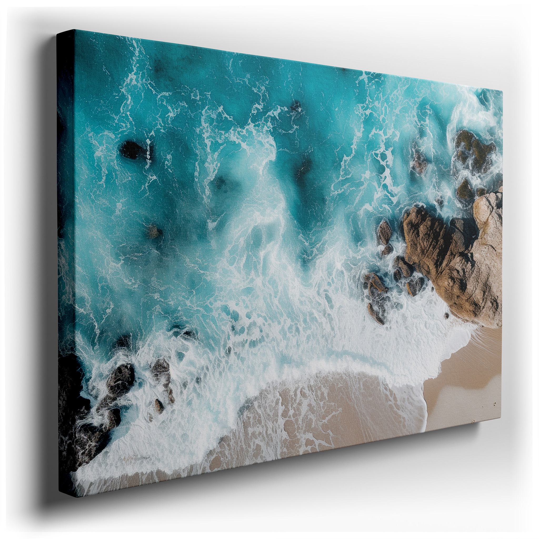 Ocean's Fury: Aerial Waves Crashing on Rugged Shoreline - Large Canvas Wall Art for Office and Bedroom Decor wrapped